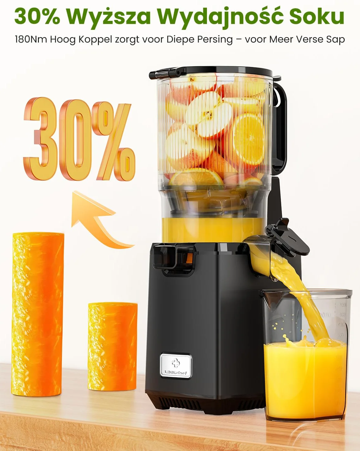 LINKChef Wyciskarka do soków na zimno, średnica 135 mm i pojemność 1,8 l, sokowirówka, całe owoce i warzywa, sokowirówka 250 W, powolna sokowirówka z automatycznym cięciem i tritanu bez BPA