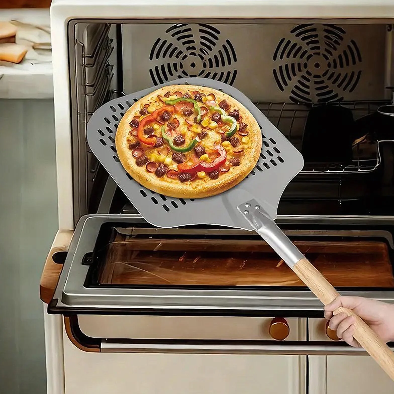 Łopatka do pizzy perforowana, 30 cm, aluminiowa, z powłoką zapobiegającą przywieraniu, zdejmowana łopatka do pizzy do pieczenia pizzy i chleba