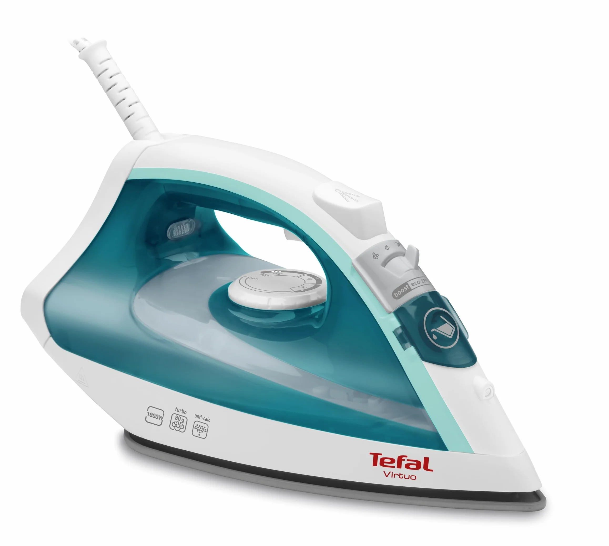 TEFAL FV1710 VIRTUO żelazko parowe, 1800 W, ciągły wyrzut pary do 24 g/min, prasowanie w pionie, system odkamieniający, nieprzywierająca powłoka, uderzenie pary do 80 g/min, biały-turkusowy
