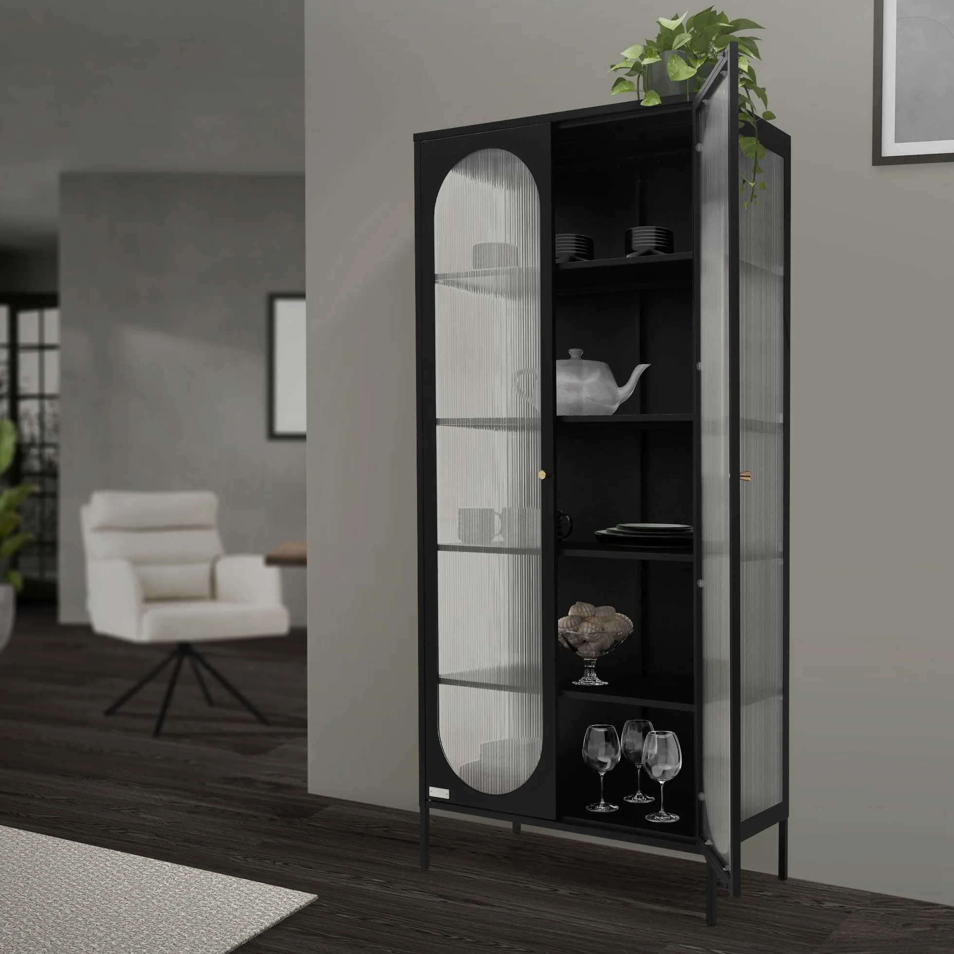 ML-Design Witryna 80x175x40 cm czarna z 5 pólkami i schowkami 2 drzwiami Metalowa szafka do salonu ze stali w stylu industrialnym wysoka idealna na ksiazki dokumenty lub jako szafka podlogowa
