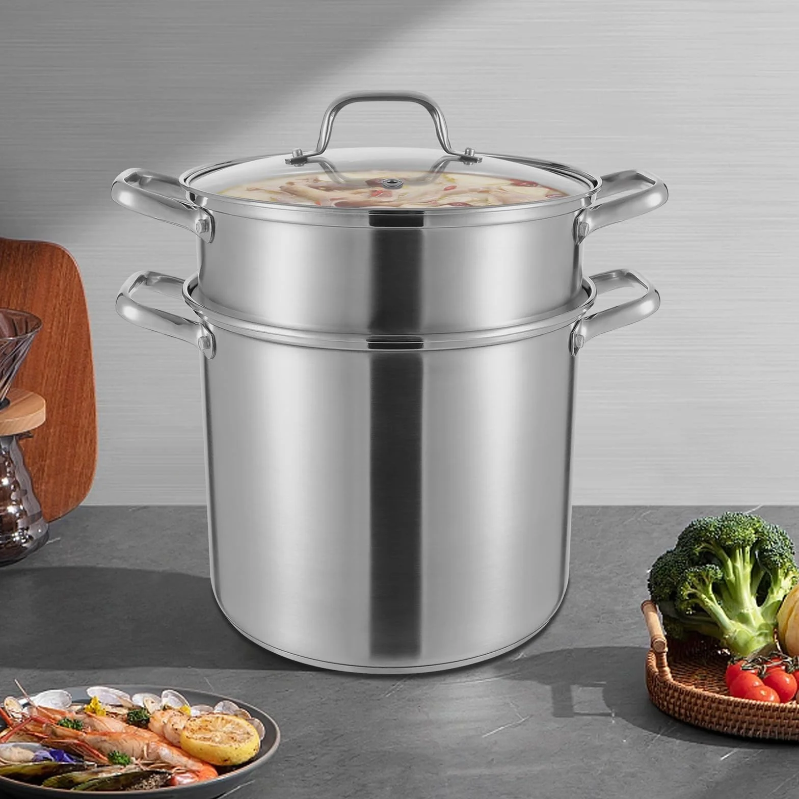 Garnek do gotowania, 8 l, duży garnek ze stali nierdzewnej, z koszem do smażenia i wkładką na parze, garnek do zupy do kuchenek gazowych, indukcyjnych, halogenowych i elektrycznych, nadaje się do