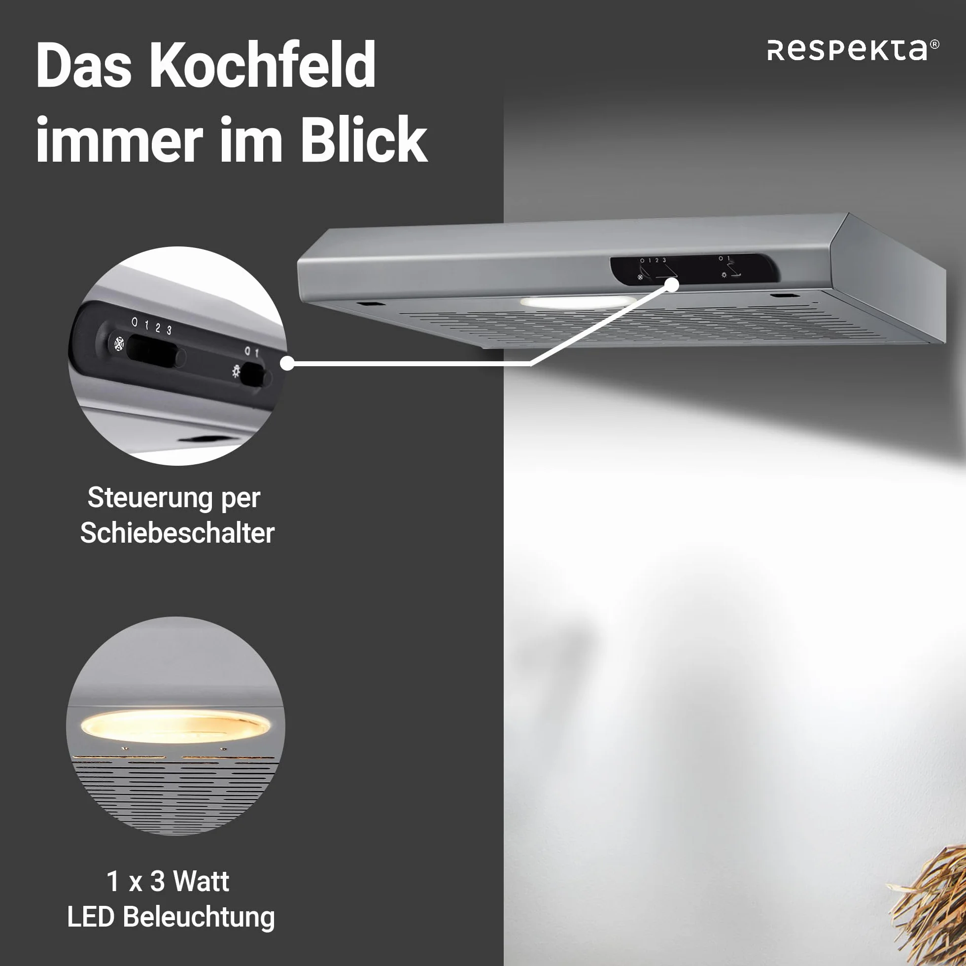 Respekta Okap kuchenny podszafkowy/Okap podszafkowy 50 cm/Metalowa obudowa o wyglądzie stali nierdzewnej/Funkcja wywiewu i recyrkulacji / DH540IXL / C / 52–68 dB