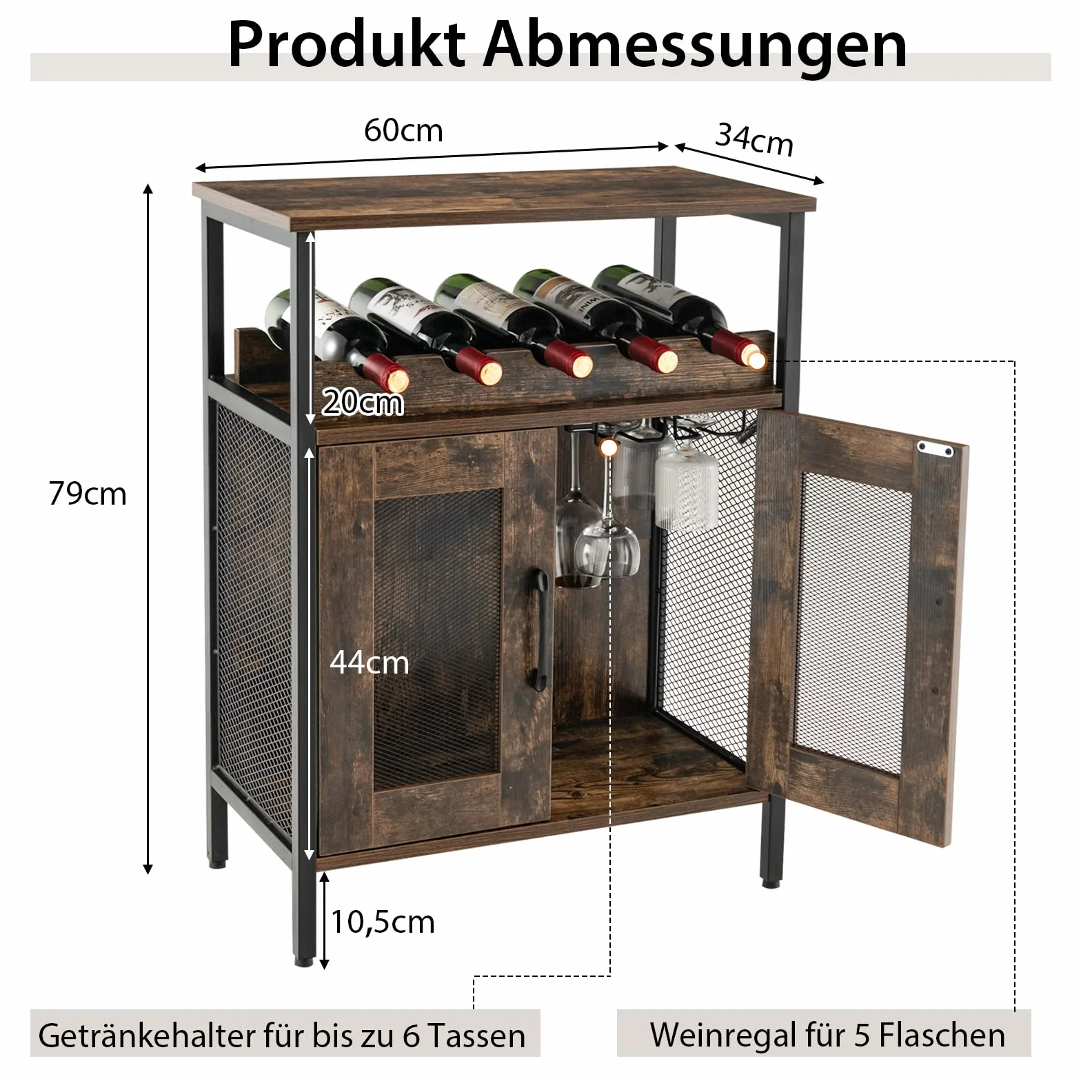 COSTWAY Szafka na wino w stylu vintage ze zdejmowanym regałem na wino i wbudowanymi uchwytami na szkło, komoda drewniana, komoda 60 x 34 x 79 cm
