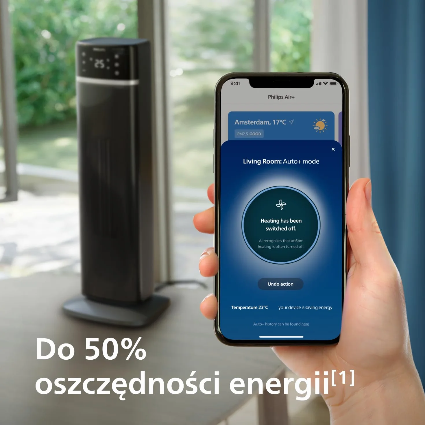 Termowentylator Philips serii 5000, energooszczędny (do 50%), podłączony do aplikacji, 2000W, wyświetlacz temp., 5 funkcji bezpieczeństwa, 4 tryby, oscylacja 60°, cichy, czarno-ciemnoszary (CX5120/11)