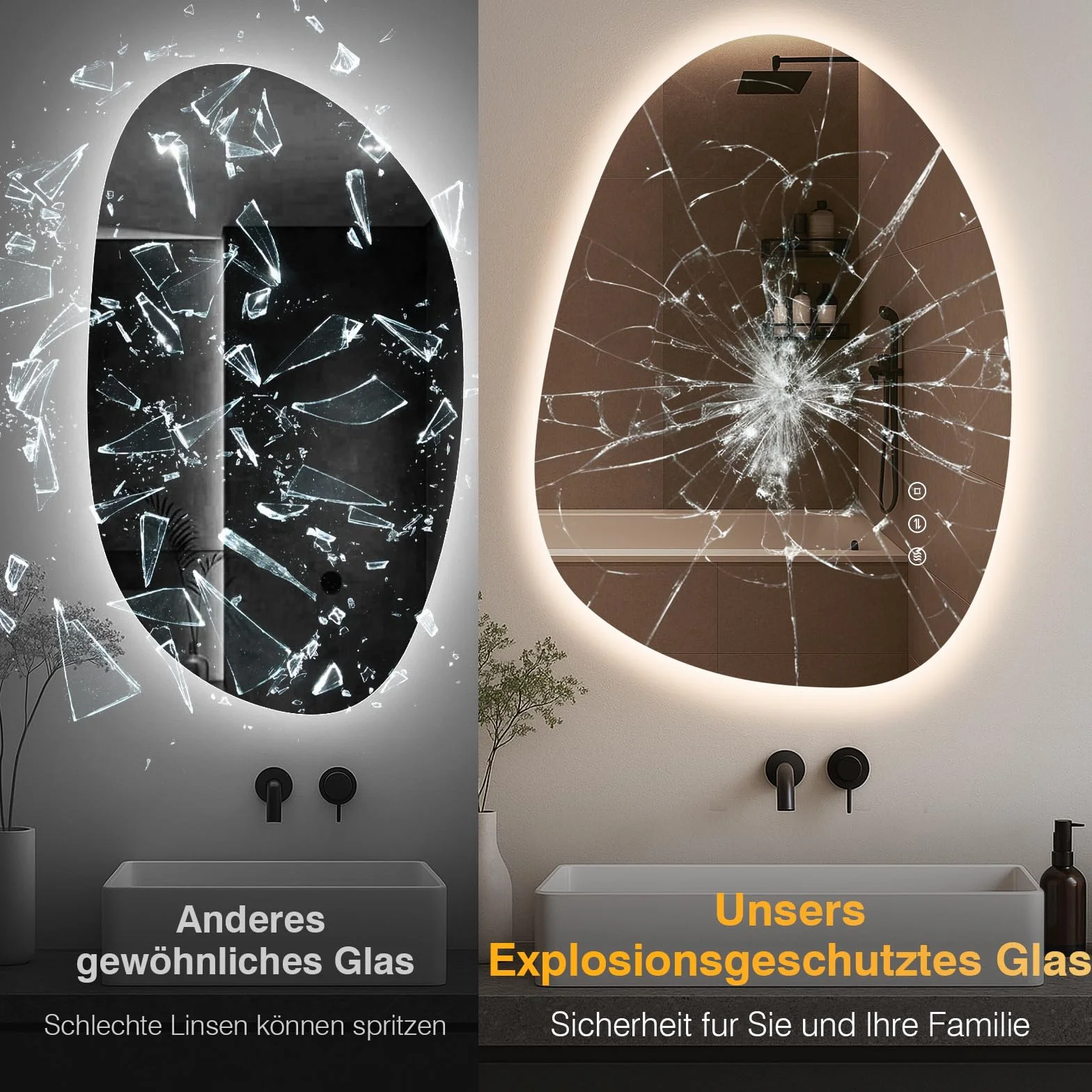 Asymetryczne lustro łazienkowe LED z oświetleniem, 75 x 55 cm, bez zaparowania, 3 kolory światła, regulowane lustro łazienkowe z oświetleniem, możliwość ściemniania, z funkcją pamięci