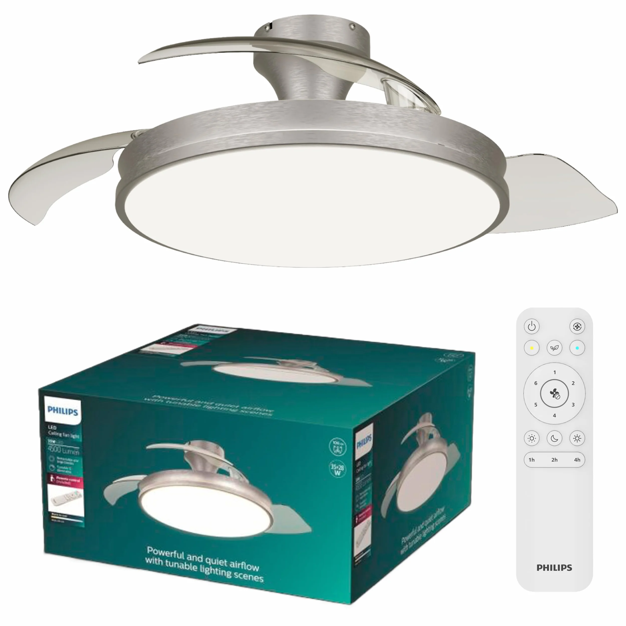 Chowany Wentylator Sufitowy Philips Atlas z Oświetleniem LED, 3 Łopatki, 106 cm, 4500 Lumenów, Regulowana Barwa 3000–6500 K, Przyciemnianie do 5%, Pilot, Niklowy