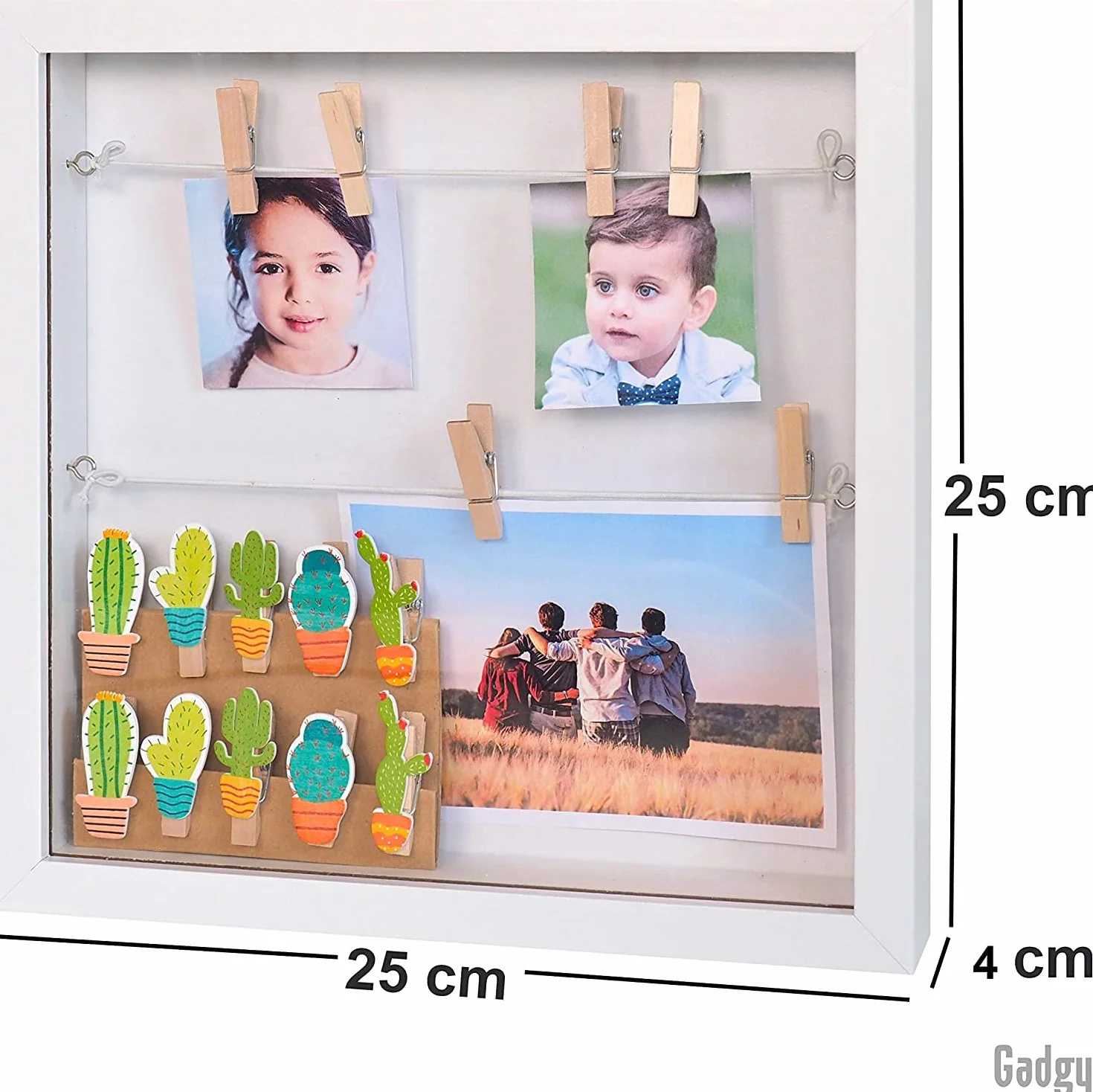 Gadgy Ramka na zdjęcia 3D do napełniania - Biała Ramka z Kołkami i Drucianym Uchwytem na Zdjęcia, Pamiątki i Kartki - 25x25 cm