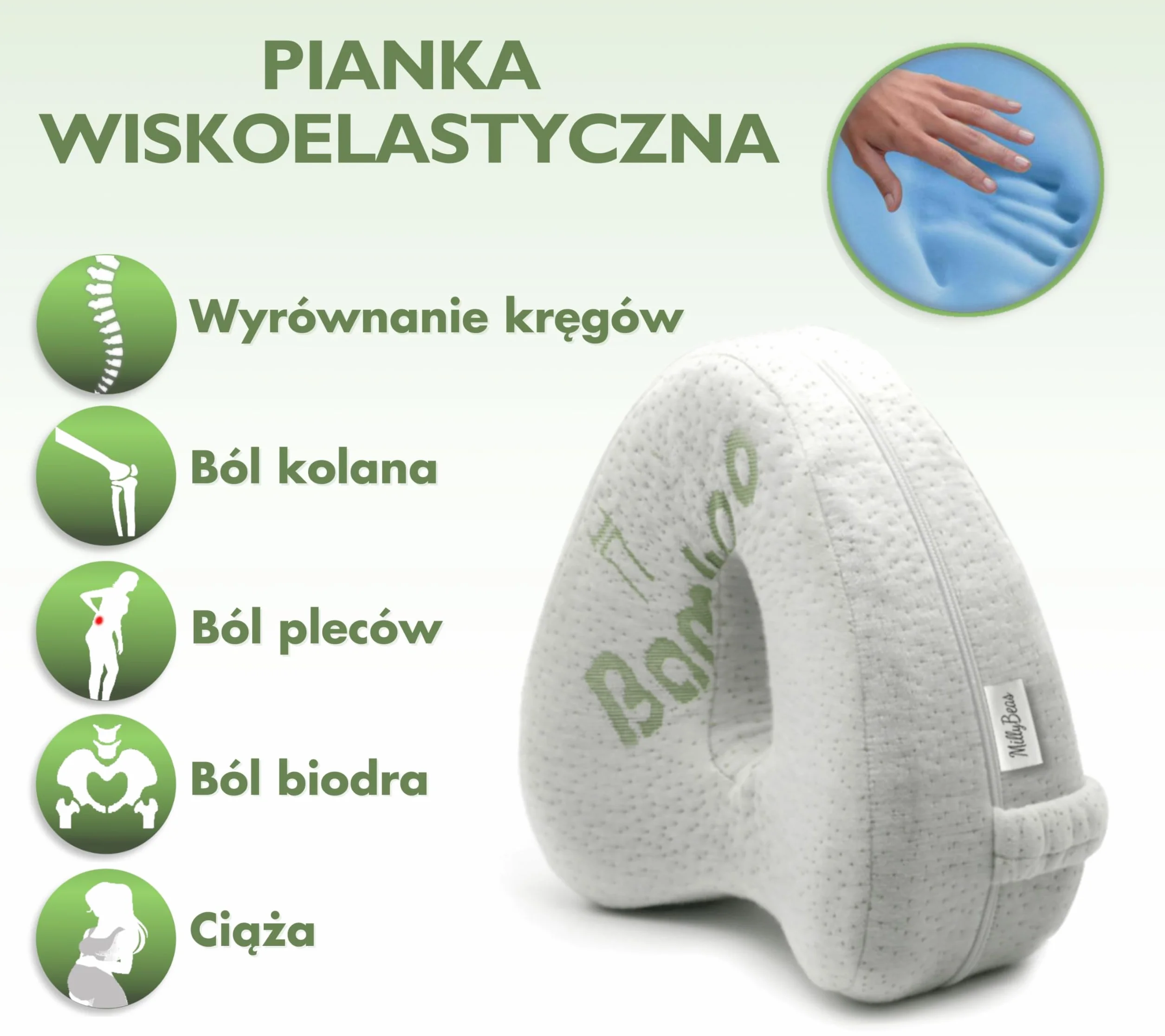 Ortopedyczna poduszka na kolana MillyBeas z pianki memory z pokrowcem bambusowym