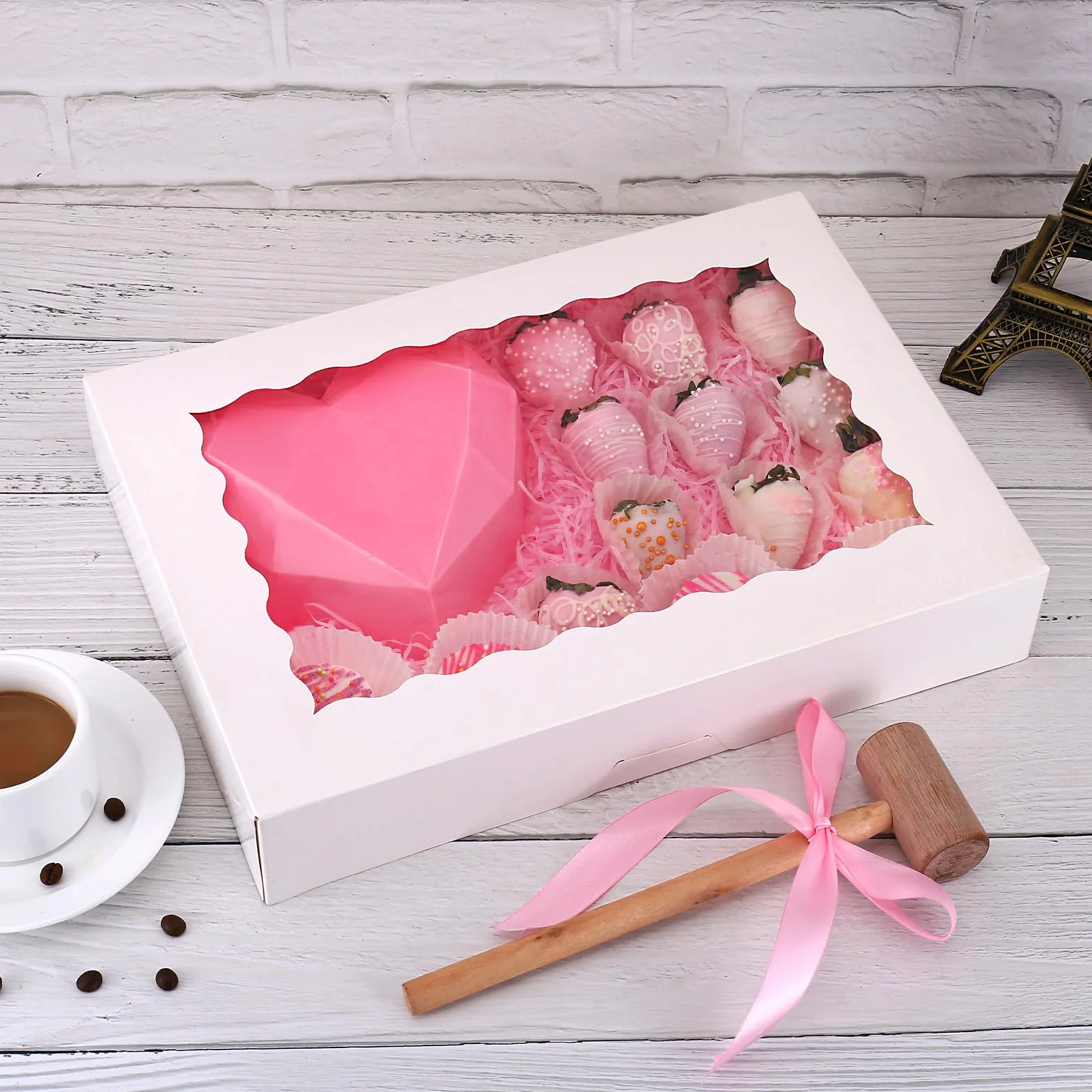 Tcoivs Pudełka do pieczenia 35 x 25 x 6,3 cm, pudełka na ciasteczka, automatyczne wyskakujące pudełka na smakołyki z okienkiem na pączki, ciasta, babeczki i wypieki (białe)