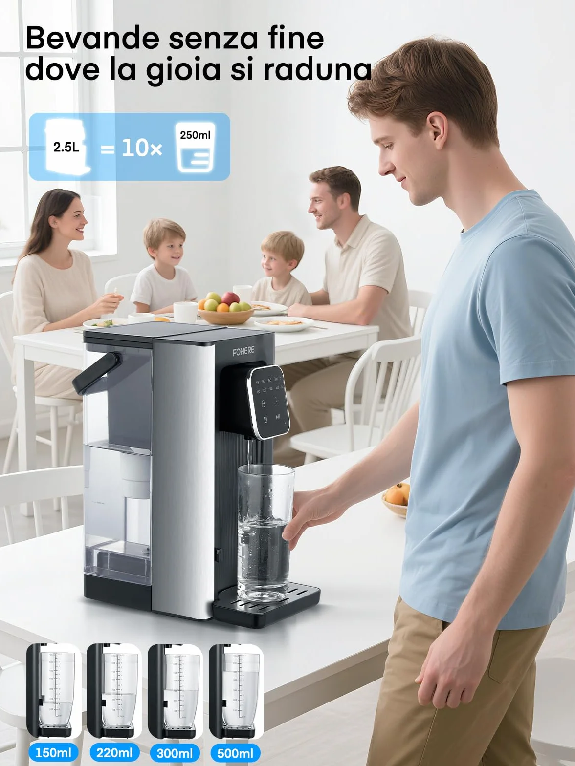Dozownik ciepłej wody, 2600 W, ciepła woda w ciągu kilku sekund, 4 poziomy temperatury, 4 ilości wody, zbiornik 2,5 l, kompaktowy i energooszczędny, cyfrowy ekran dotykowy