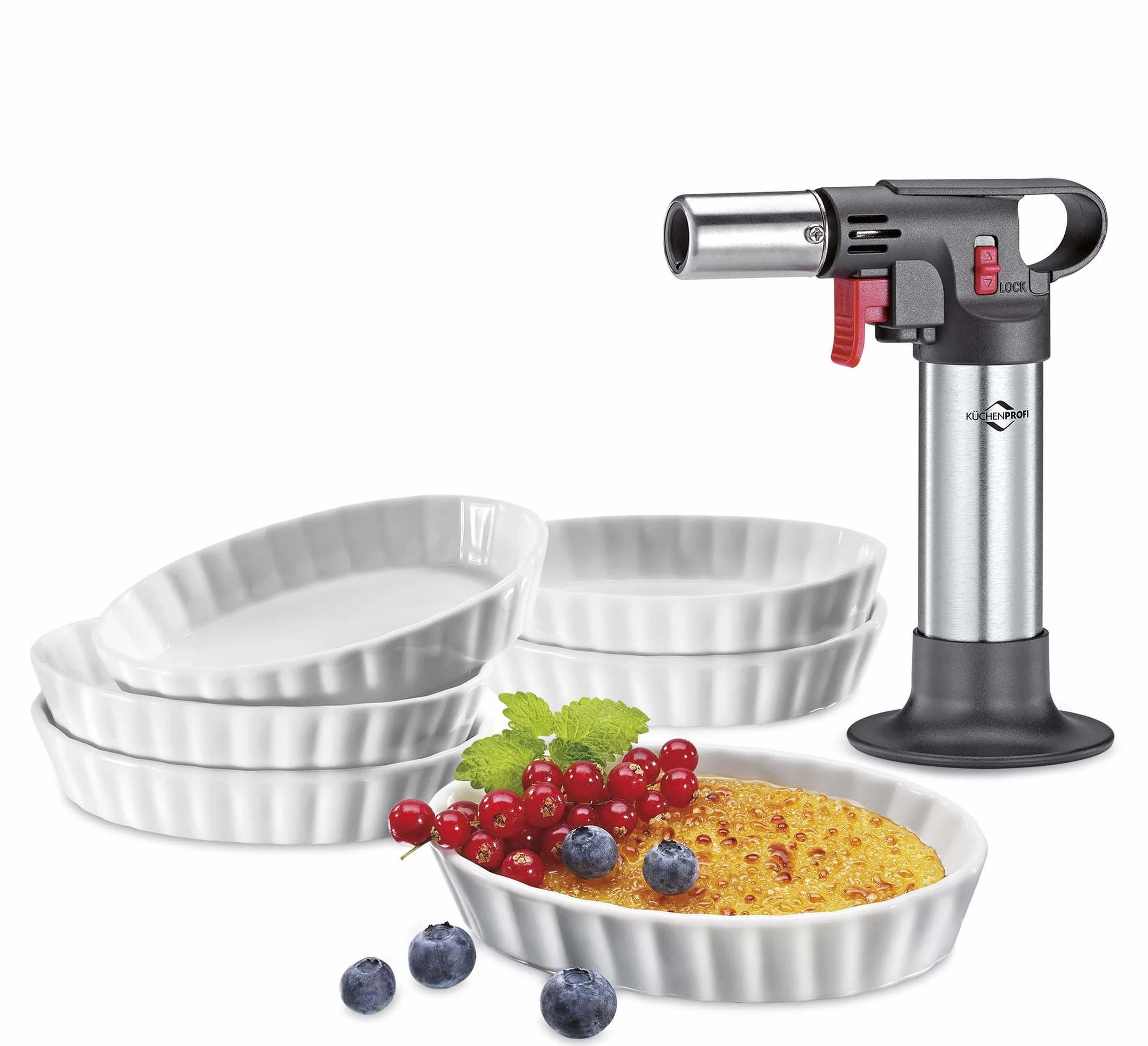 Küchenprofi Crème Brûlée zestaw Deluxe 7-częściowy | 1 x palnik do flambirowania | 6 x miseczka z twardej porcelany (85 ml) | nadaje się do piekarnika i kuchenki mikrofalowej | Creme Brulee zestaw z