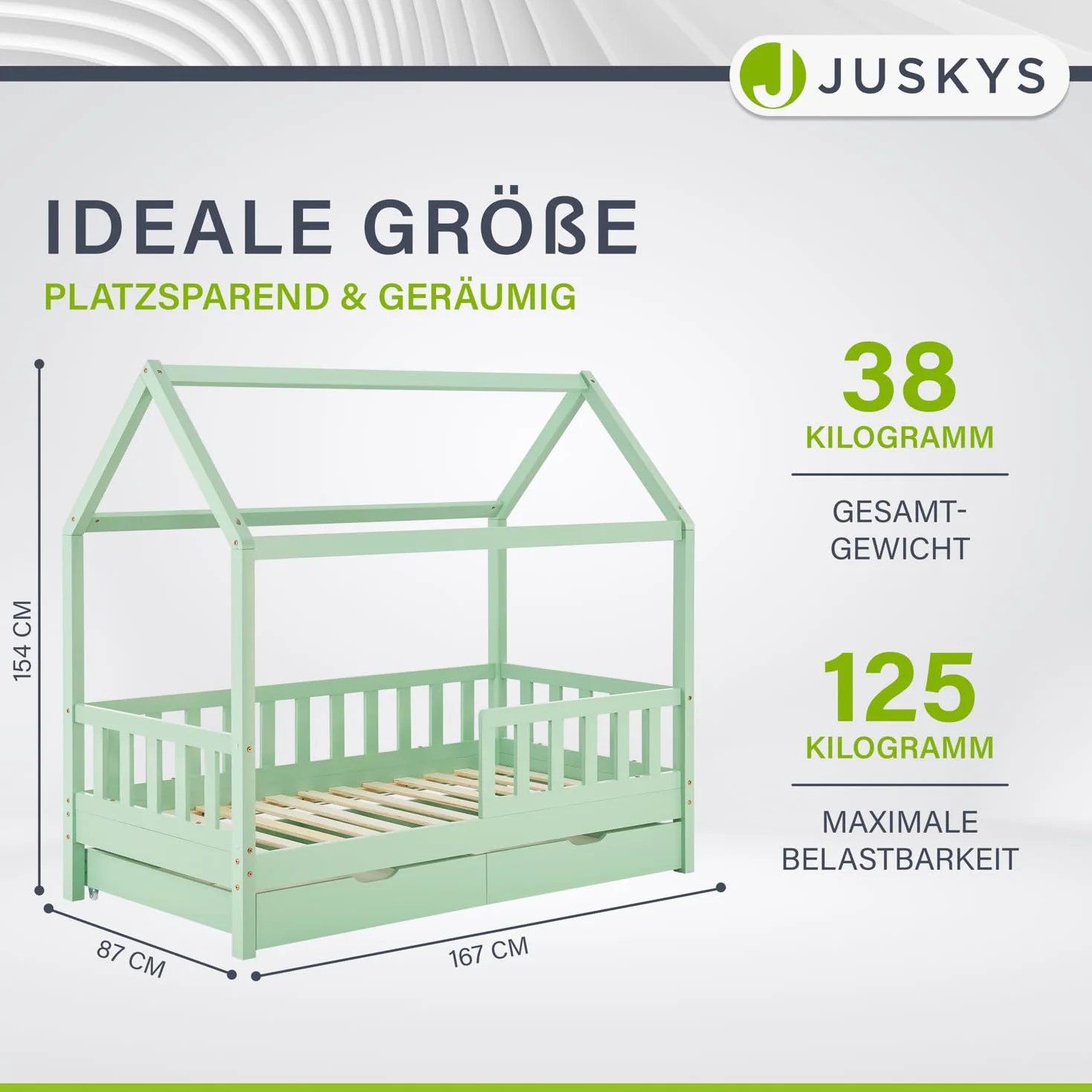 Juskys® Łóżko dziecięce Marli 80 x 160 cm ze skrzynią na pościel, 2-częściowe, ochrona przed wypadnięciem, stelażem i dachem – łóżko domowe z litego drewna dla dzieci – łóżko w kolorze miętowym
