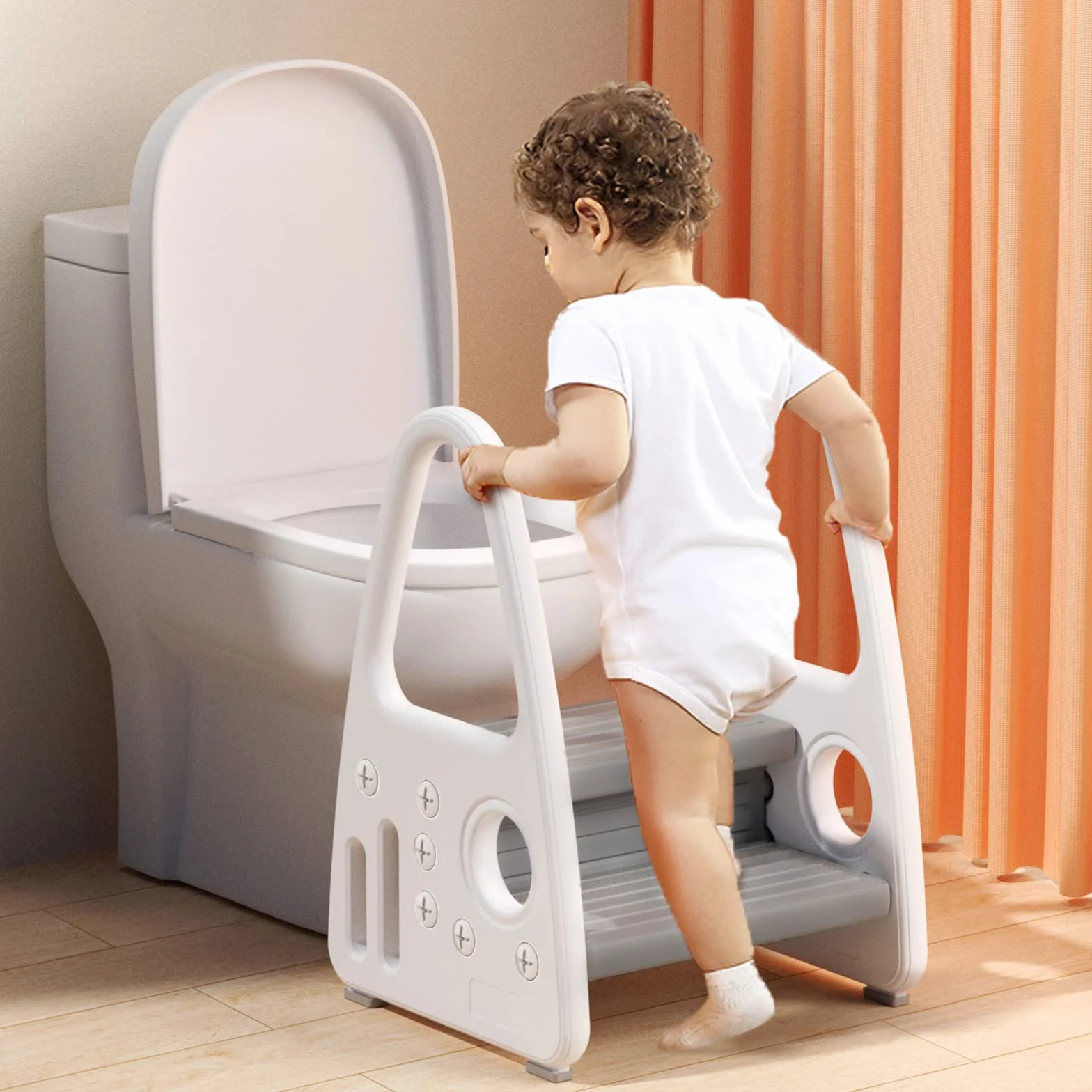 UISEBRT Taboret dla dzieci, 2 poziomy, stołek dziecięcy, dla małych dzieci, wieża do nauki, antypoślizgowa, z tworzywa sztucznego, do łazienki, sypialni, kuchni, pokoju dziecięcego, szary