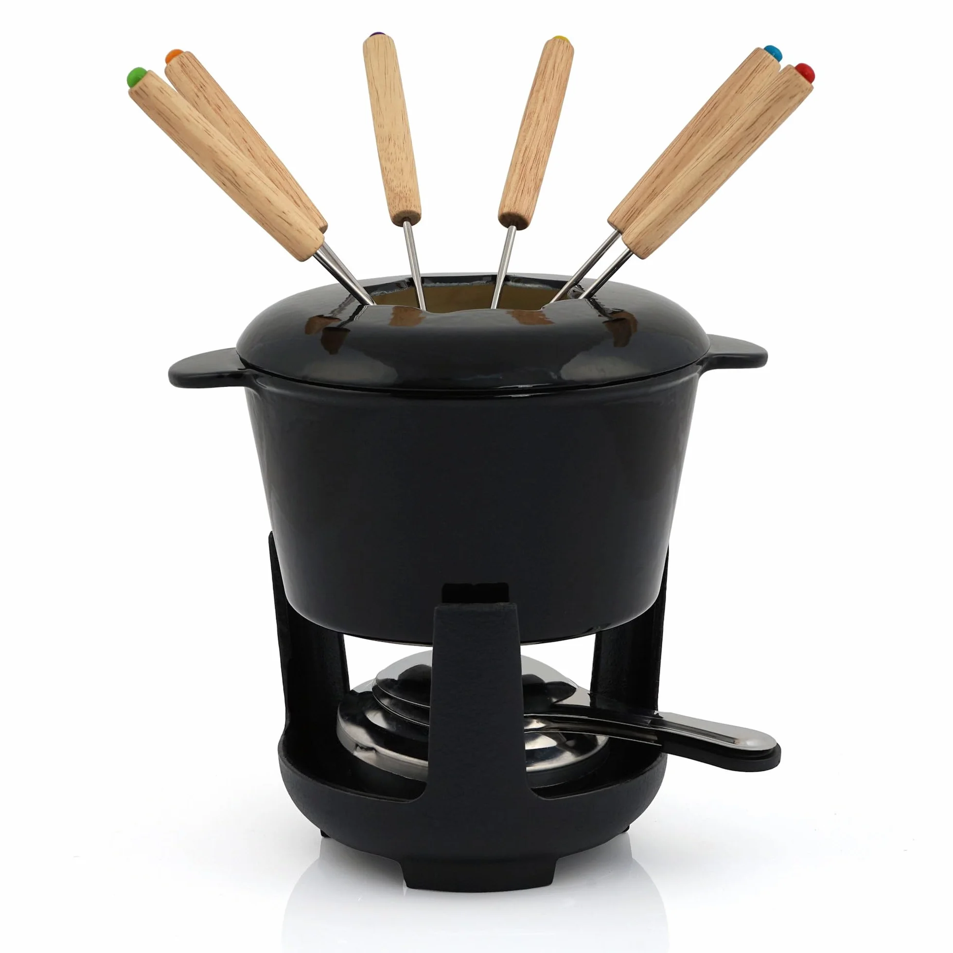 BBQ-Toro Żeliwny zestaw do fondue dla 6 osób, zestaw do fondue, 13-częściowy z palnikiem i widelcami, pojemność 1 l, serem, czekolada, indukcja (czarny/kremowy)