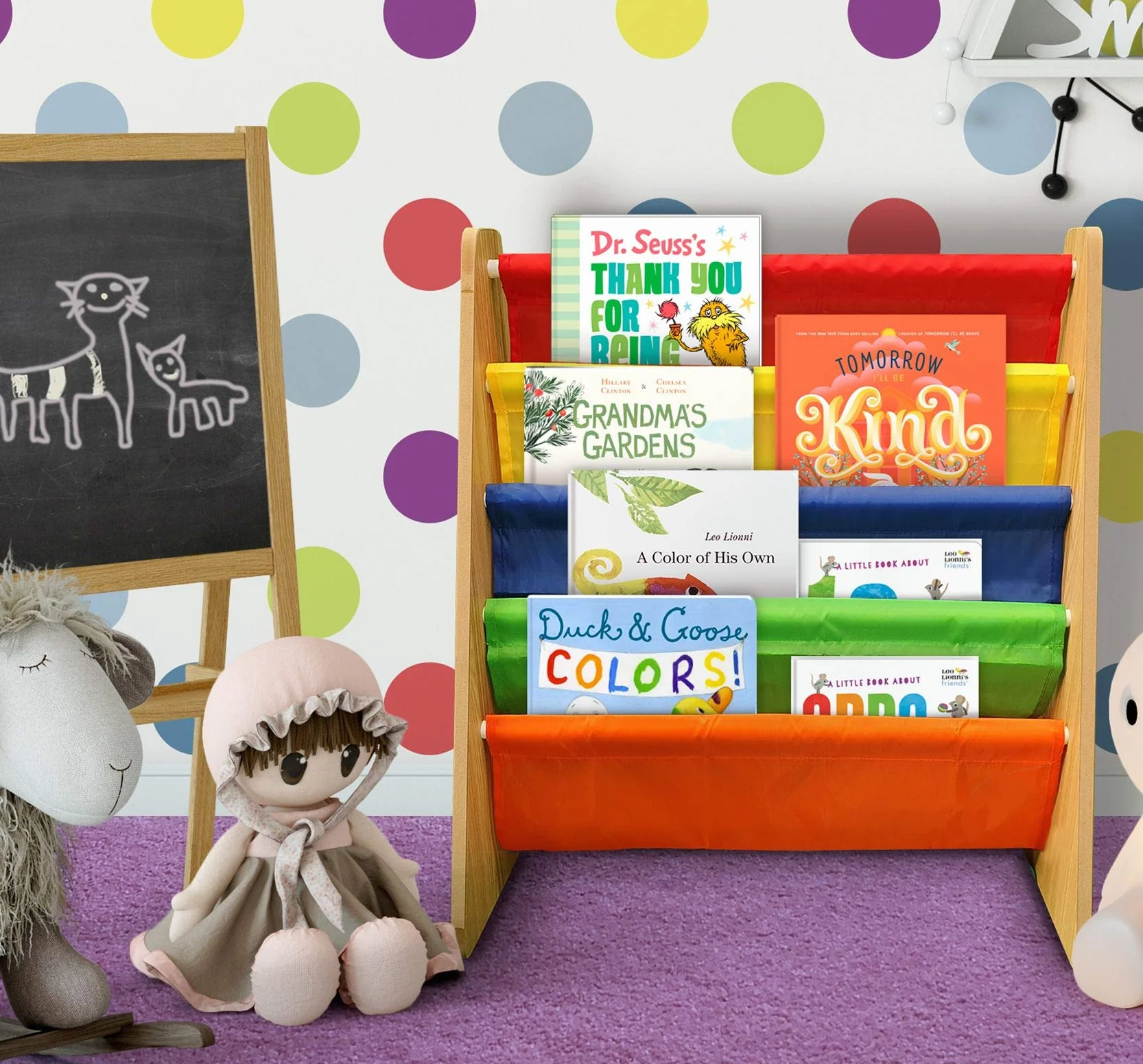 4-poziomowy regał dla dzieci z kolorowej tkaniny z łatwym dostępem do książek dla dzieci, biblioteka dla dzieci, kolor tęczy, idealny do przechowywania w sypialni