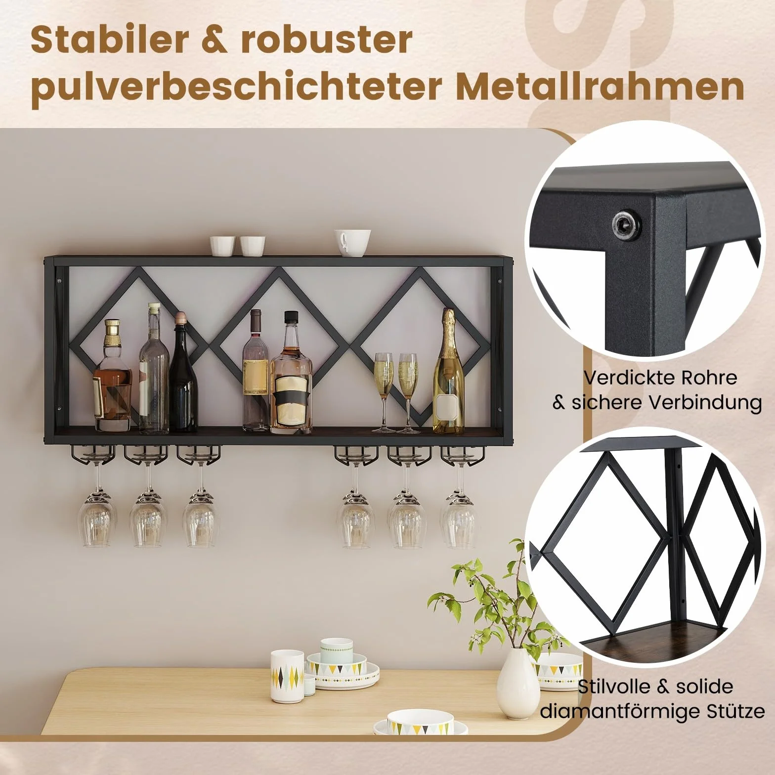 COSTWAY Regał na wino ścienny z oświetleniem LED, 2-poziomowy regał na butelki drewniany z metalowym rama, z 6 rzędami uchwytów na kieliszki do wina, design industrialny, idealny do domu, baru, kuchni