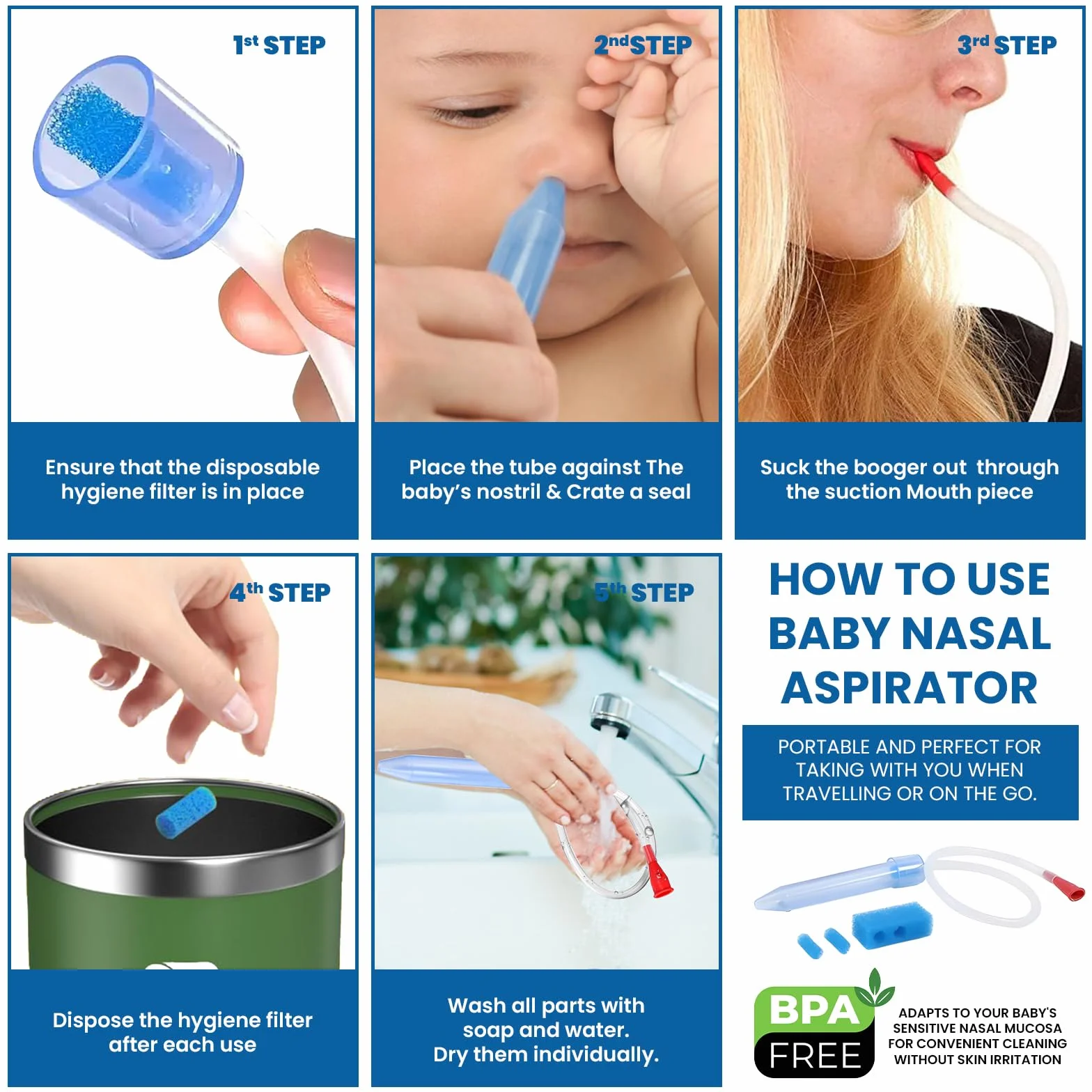 Aspirator do nosa dla niemowląt, aspirator do nosa dla noworodków, aspirator do nosa, oczyszczacz nosa, łatwy do czyszczenia, z 24 filtrami higienicznymi