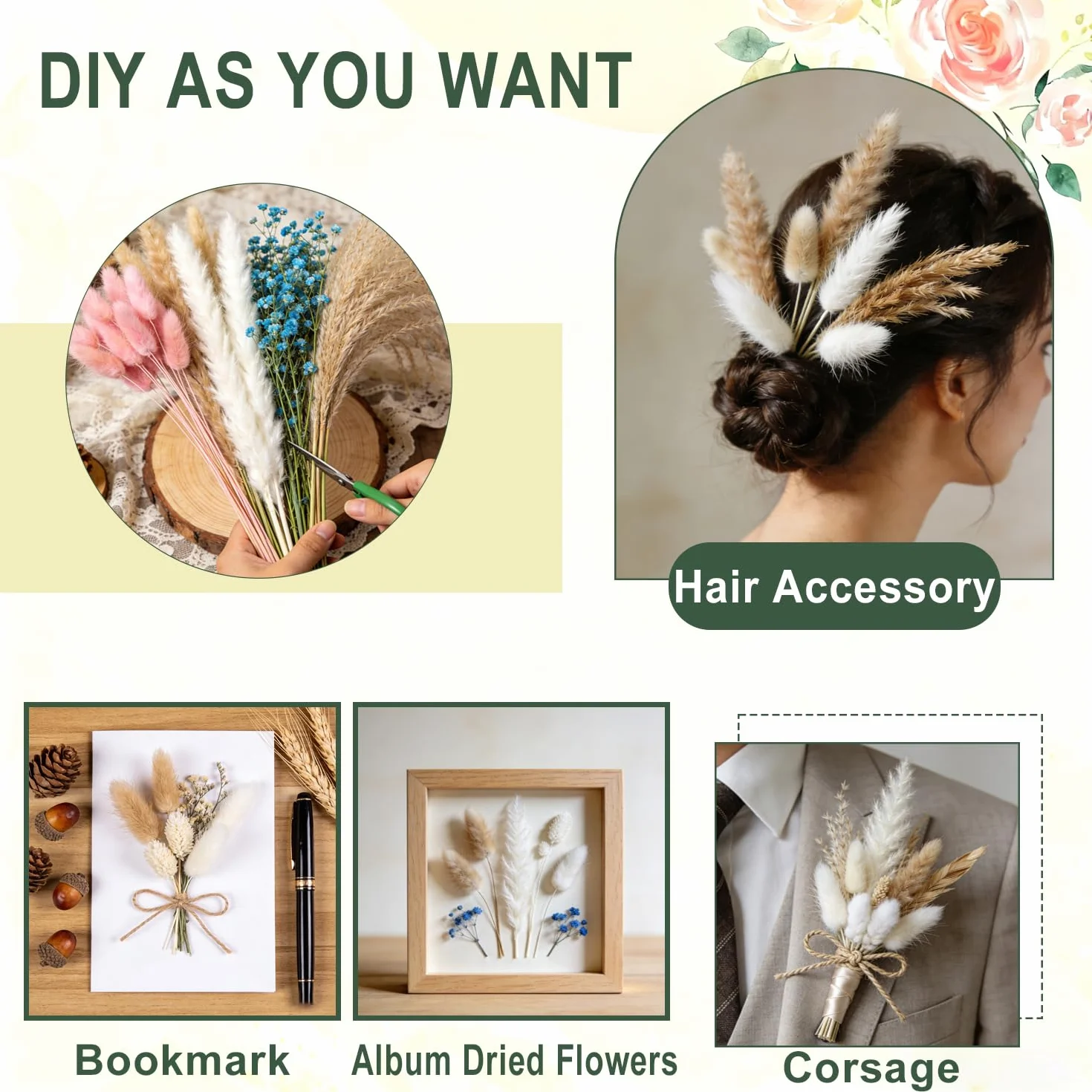 110 sztuk dużej trawy pampasowej, suszone kwiaty 44 cm, dekoracja boho z koronkami, suszone kwiaty Bunny-Tails, brązowa dekoracja trawy pampasowej do salonu, korytarza, stołu jadalnego