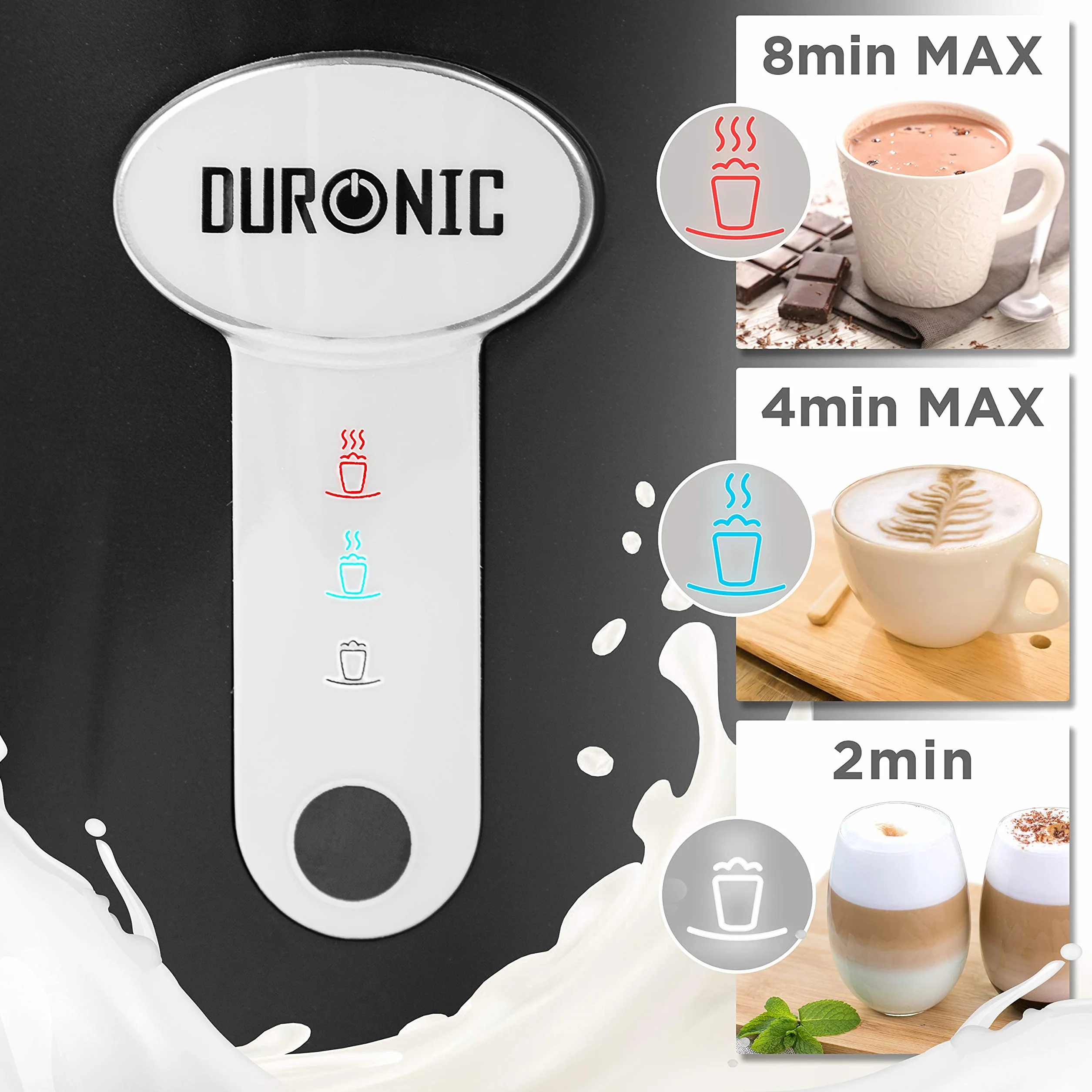 Duronic MF500 BK Automatyczny spieniacz do mleka elektryczny podgrzewacz ze stali nierdzewnej 500W | regulacja temperatury | pojemność do 500ml | schowek na końcówki w podstawie | do gorącej czekolady