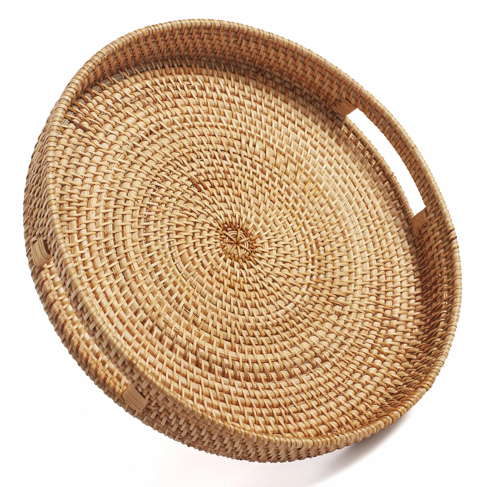 Okrągła rattanowa taca do serwowania z uchwytem, tkana dekoracyjna taca na stolik kawowy, otomański, naturalny (34 cm x 7 cm)