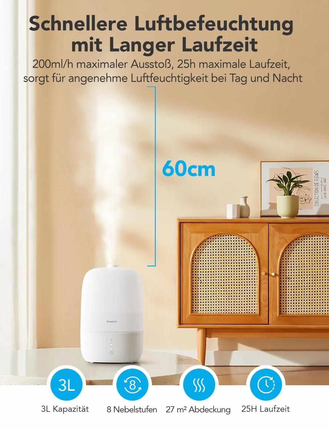 GoveeLife Top-Fill Air Smartnawilżacz do sypialni, 3 l, ultradźwiękowy dyfuzor powietrza z zapachem i światłem nocnym do 25 h, 24 dB, cichy