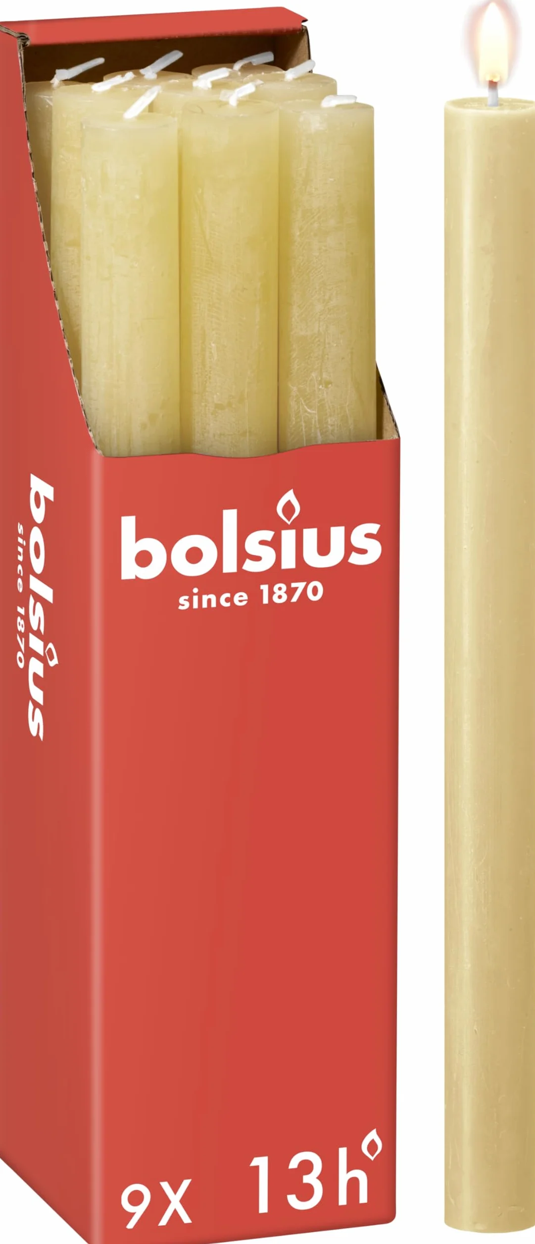 Bolsius - Rustykalne świece – beżowe – 9 sztuk – 27 x 2,3 cm – długość palenia 13 godzin – bezzapachowe – zawierają naturalny wosk roślinny – bez oleju palmowego