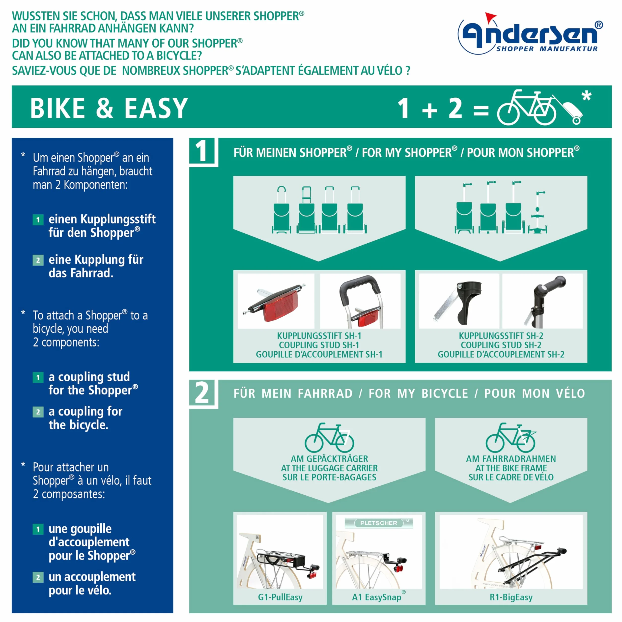 ANDERSEN Wózek na zakupy – Tura Shopper Hydro 3.0 Oliv 62 l Bike, wózek na zakupy, plecak, termiczny, aluminium, ergonomiczny uchwyt, składany, koło z łożyskiem kulkowym