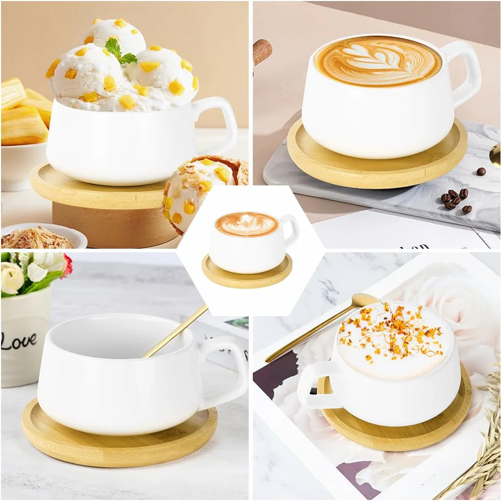 Zestaw filiżanek i spodków do cappuccino, 4 szt. porcelanowych filiżanek do kawy espresso ze spodkiem i łyżeczką, szerokie filiżanki do cappuccino 320 ml, zestaw ceramicznych filiżanek do