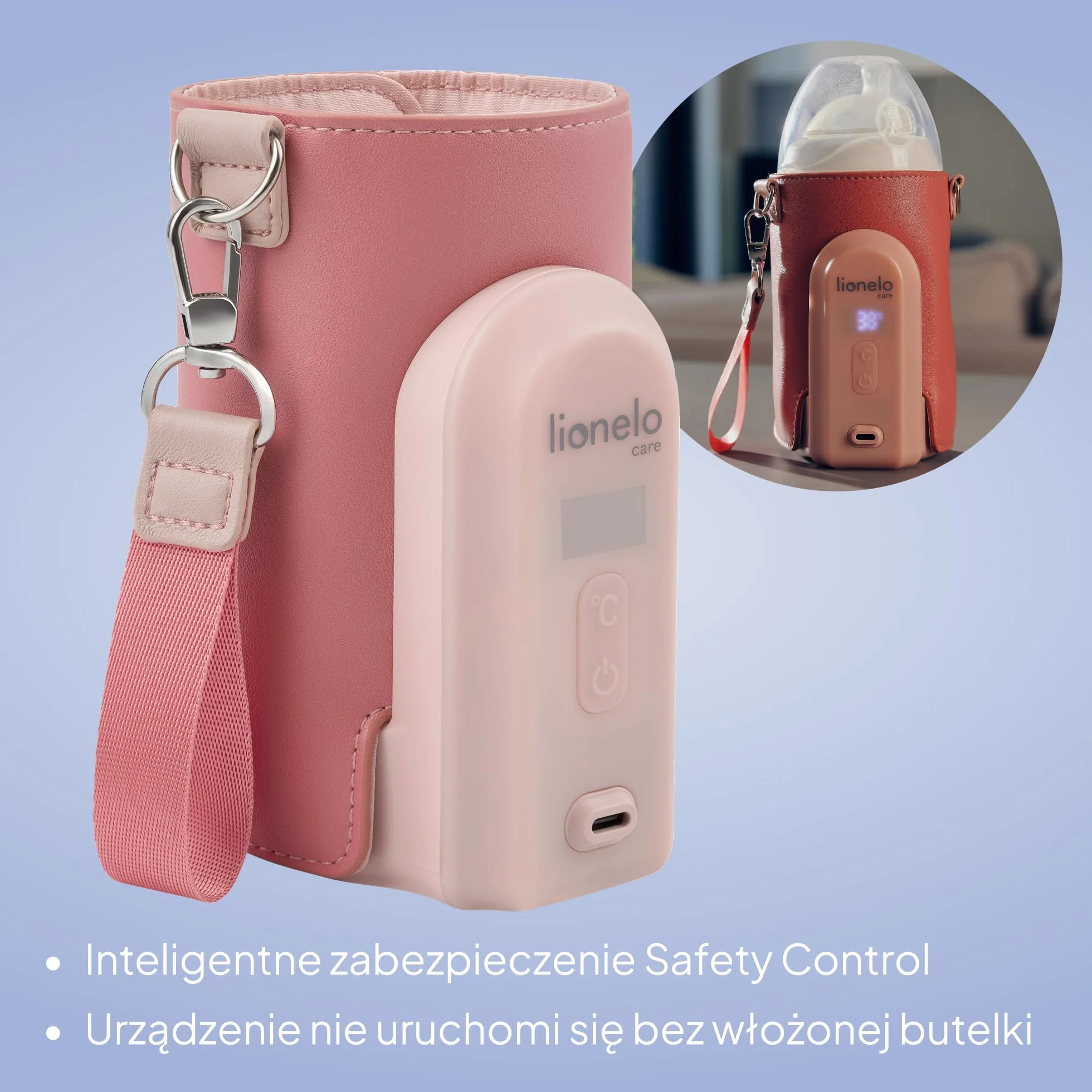 LIONELO Thermup Go Evo Przenośny Podgrzewacz do Butelek dla Niemowląt, Utrzymuje Ciepło Płynów, 5 Temperatur Pracy od 38 do 50o C Ładowanie USB-C, do 9h Pracy Wyświetlacz LCD (Różowy)