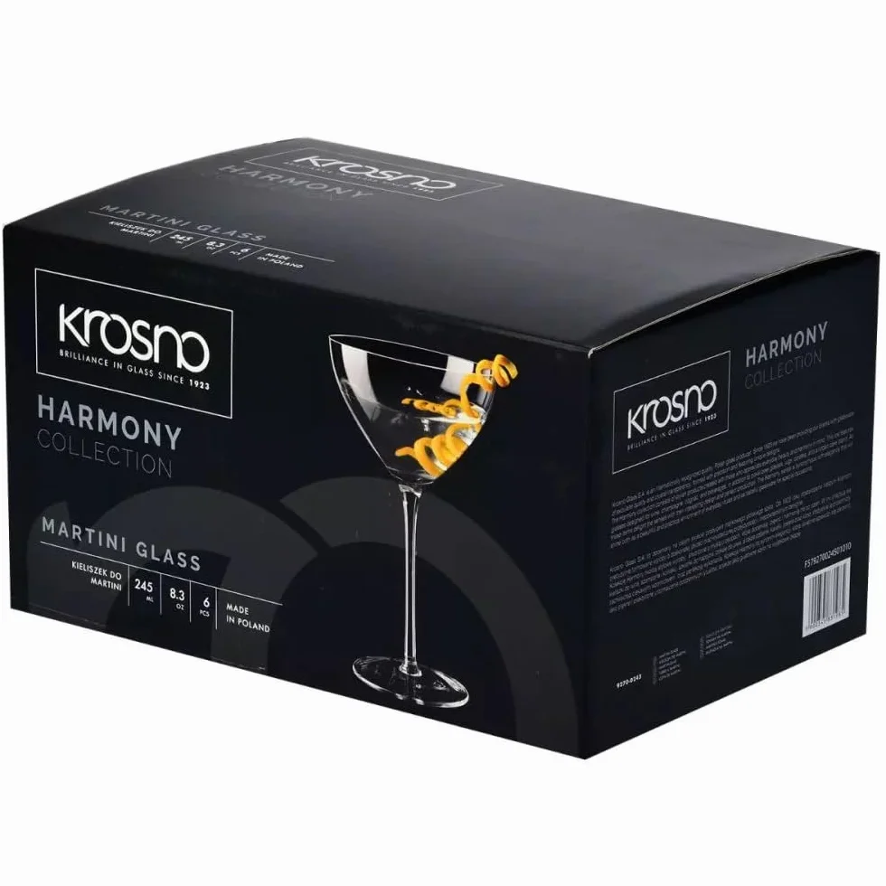 KROSNO Harmony Kieliszki do Martini i Koktajli 340 ml Zestaw 6 szt – Szkło Kryształowe Bezołowiowe, Klasyczna Szeroka Czasza, Długa Nóżka, Do Cosmopolitan, Drinków, Zmywarka