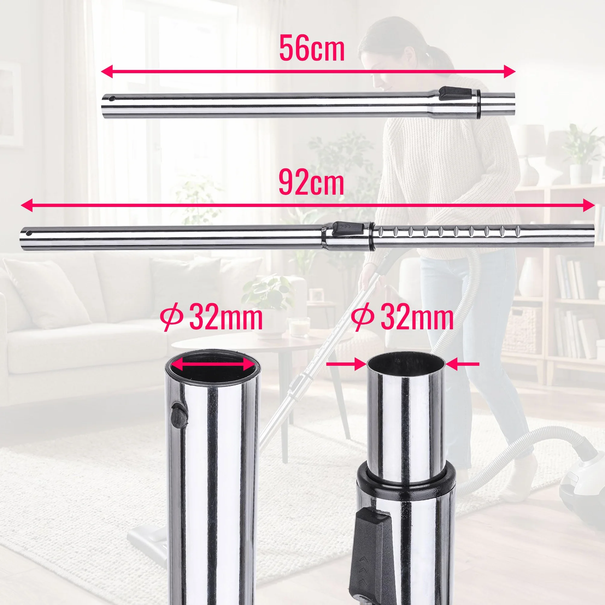 Rura teleskopowa 56-90 cm, przyłącze rury ssącej 32 mm, pasuje do odkurzaczy m.in. AEG Bosch Dirt Devil EIO ELECTROLUX Miele Philips ROWENTA Siemens i innych