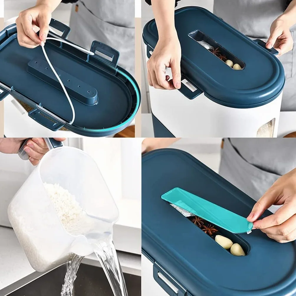 Dozownik Płatków Kukurydzianych Dozownik zbóż blat, spiżarnia ryżowa Duży Healtight Grain Dispenser Container One-Click Household Household Hermetyczny (Color : Blue-15kg)