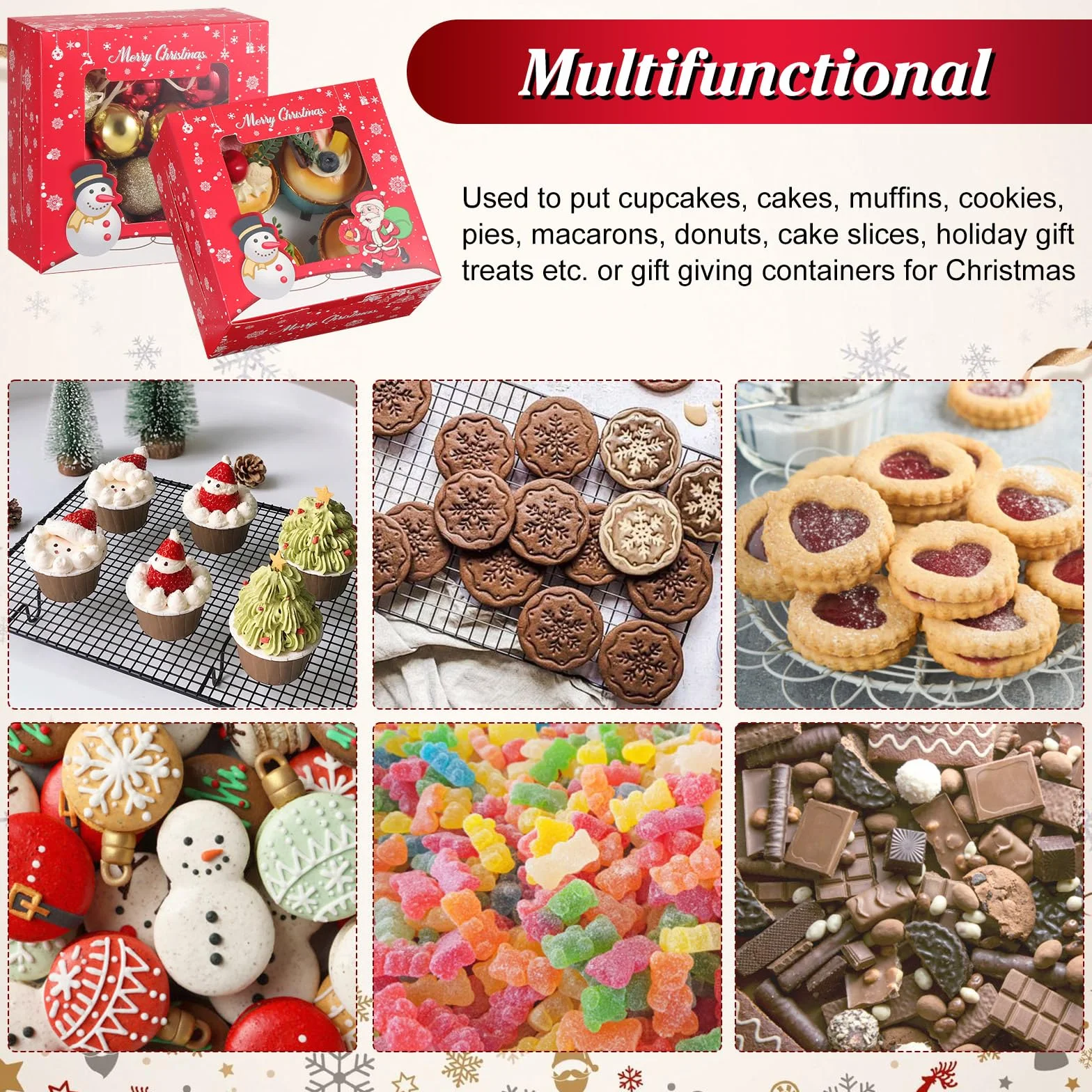 TsunNee Świąteczne Pudełka na Muffinki i Babeczki, 4 Otwory, z Wkładkami, na Ciasta, Smakołyki, Prezenty, Ciasteczka, do Pieczenia