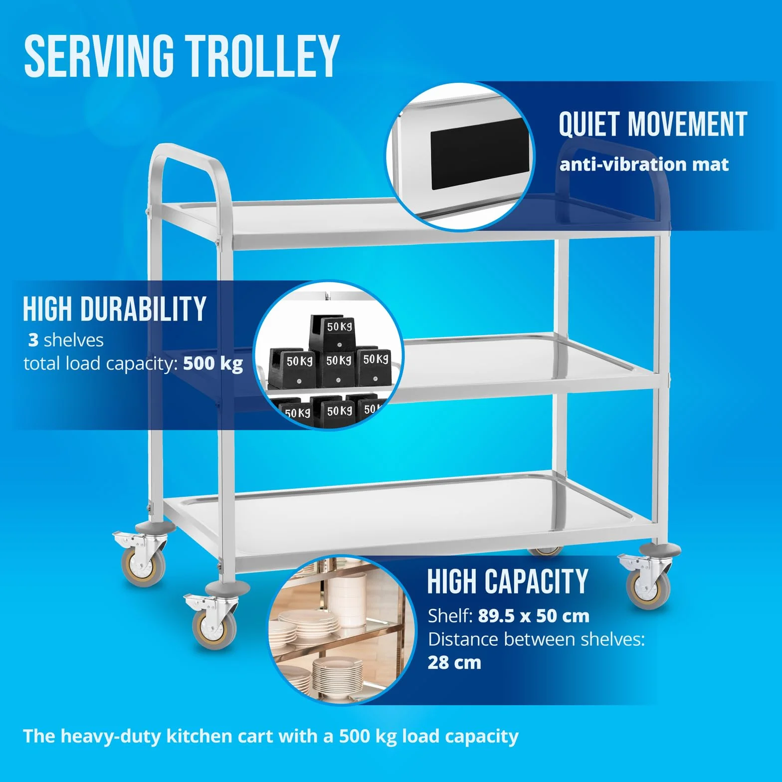 Royal Catering Wózek serwisowy na kółkach 3 tace RCSW 3 (101x55x96,5cm, nośność 480 kg, grubość półek 3cm)