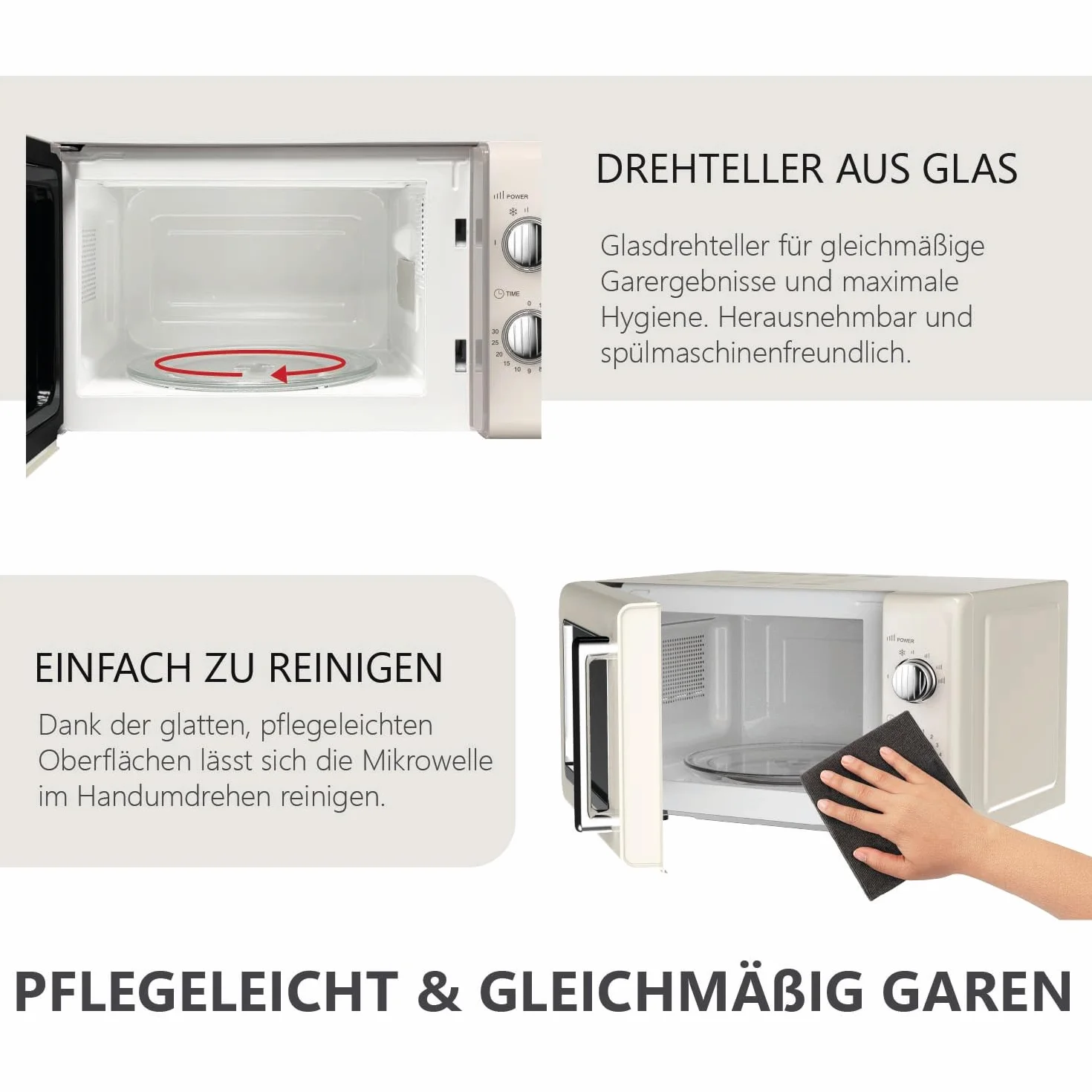Silva Schneider MW-R 25.3 Retro kuchenka mikrofalowa 20 l, 700 W, 6 poziomów mocy, timer, chromowane przyciski i uchwyt, sygnał końcowy – kolor beżowy