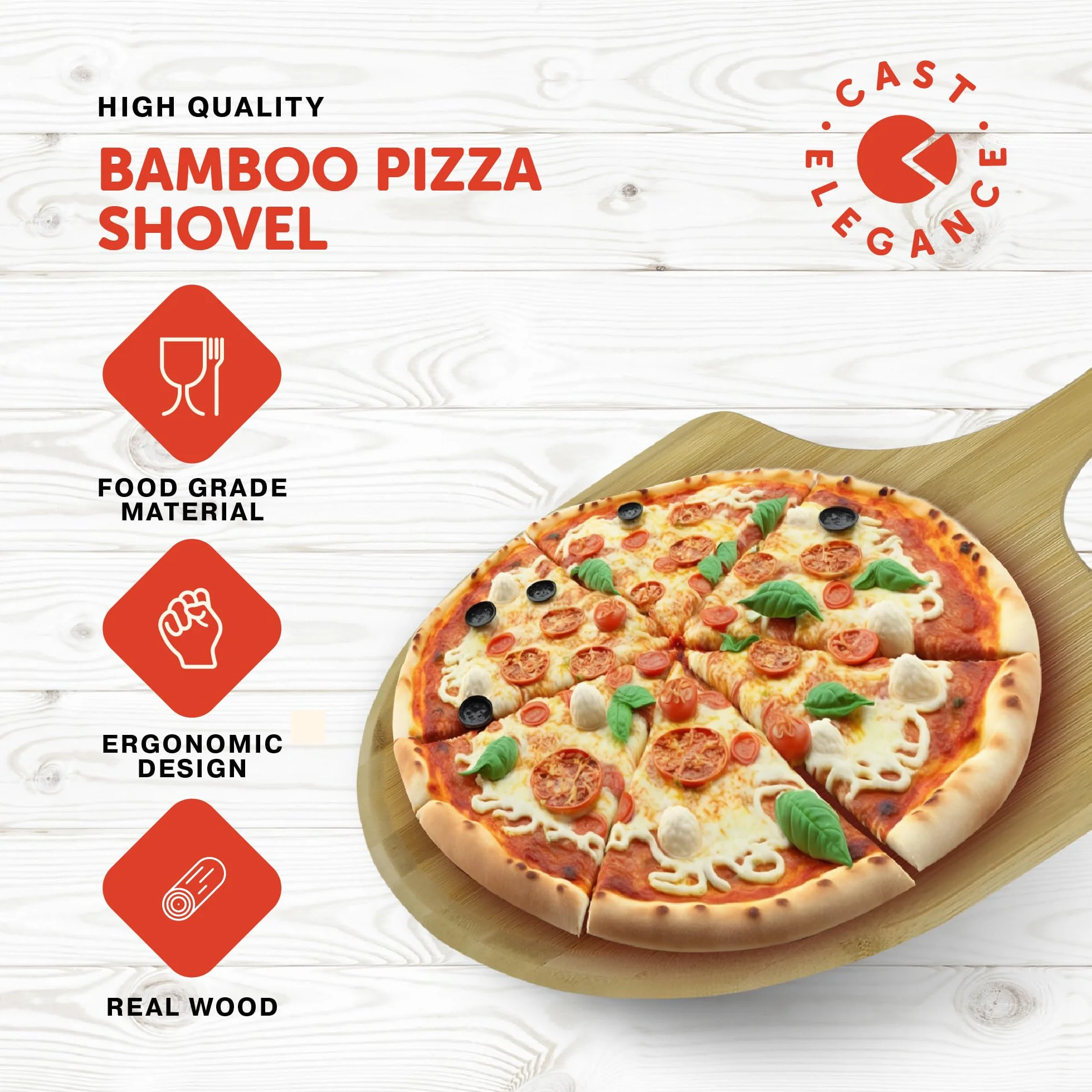Cast Elegance 30 cm bambusowa łopatka do pizzy do piekarnika, łopatka do pizzy z łatwymi do przesuwania krawędzi i uchwytem do pieczenia, lekka i łatwa w użyciu szpatułka do pieczenia, idealna do