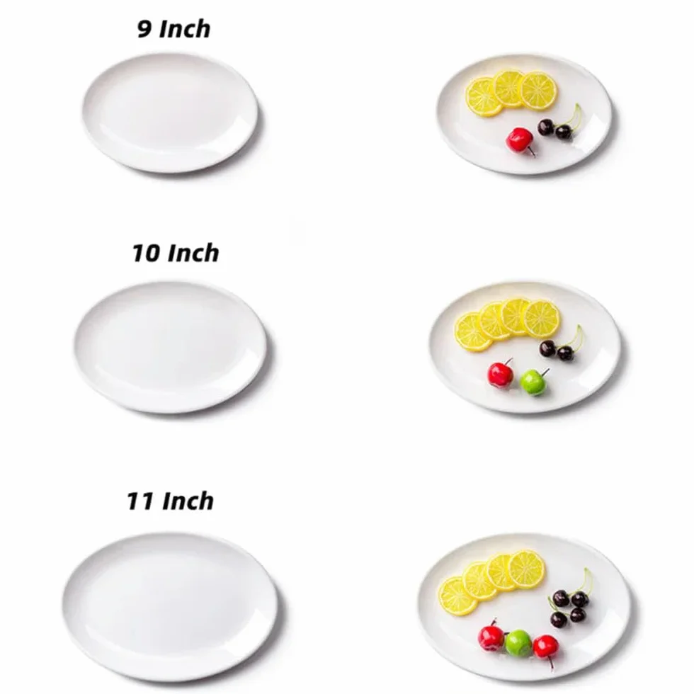 Zestaw owalnych białych talerzy melaminowych – 23-35 cm imitacja porcelany zastawa obiadowa trwałe płaskie tace na steky do kuchni i hotelu jadalni elegancka zastawa stołowa
