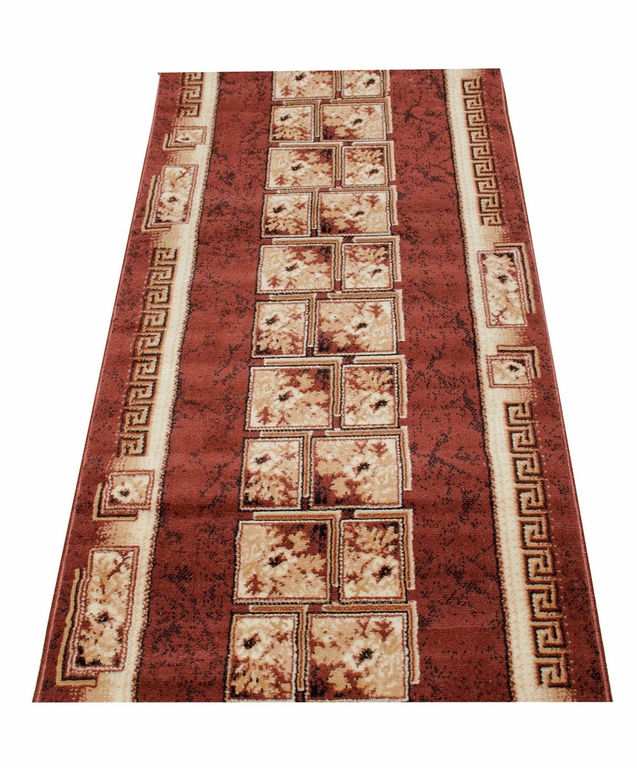 TAPISO Atlas bieżnik na korytarz, z krótkim włosiem, do kuchni, salonu, retro, kwiatowy, grecki, wzór czworokątny, brązowy, beżowy, Ökotex 90 x 260 cm