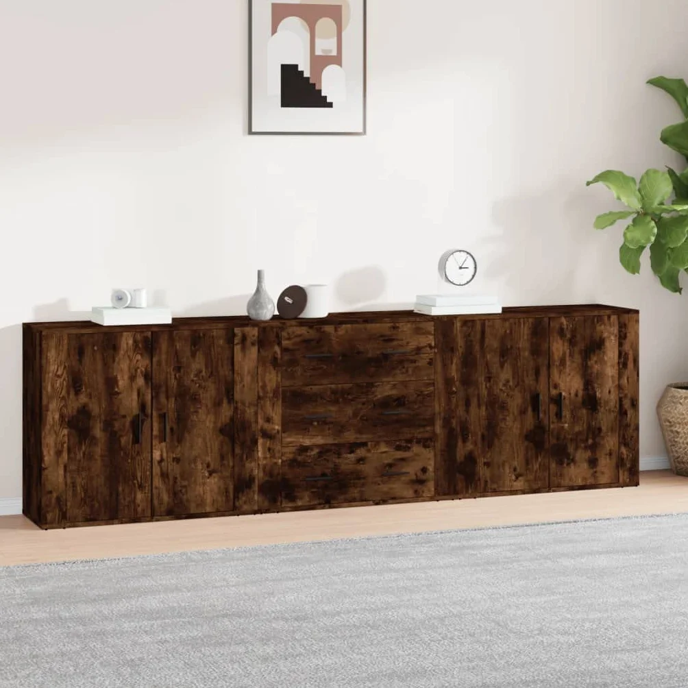 Zestaw 3 komodów, dąb wędzony, materiał drewnopochodny, 80 x 33 x 70 cm, z miejscem do przechowywania, do salonu, kuchni, jadalni, uniwersalna szafka do domu
