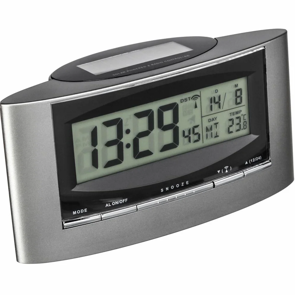 TFA Dostmann Cyfrowy budzik radiowy, 98.1071, z temperaturą, w pełni zasilany energią słoneczną, 5,2 x 15,6 x 7,8 cm, tworzywo sztuczne, srebrno-czarny, dł. 165 x szer. 60 x wys. 120 mm