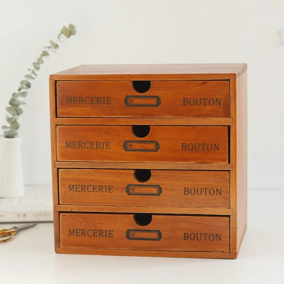 Baffect Drewniane pudełko z szufladami, 4-poziomowe, do przechowywania z szufladami, w stylu vintage, drewniane pudełko z szufladą, organizer, 4 poziomy