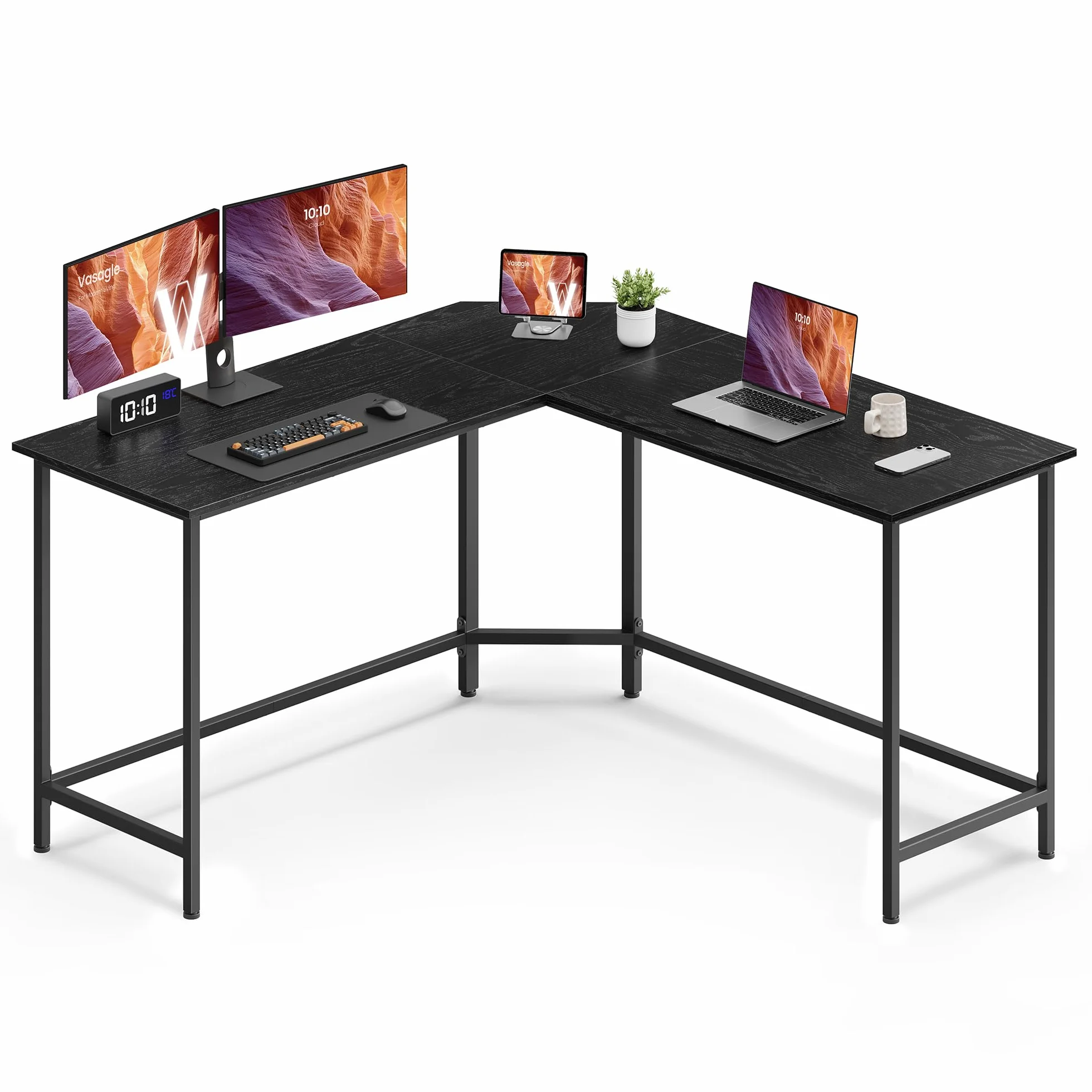 VASAGLE Biurko, biurko komputerowe w kształcie litery L, 140 x 140 x 76 cm, biurko narożne, oszczędność miejsca, stolik biurowy, do gier, domowego biura, prosty montaż, hebanowo-czarny tusz