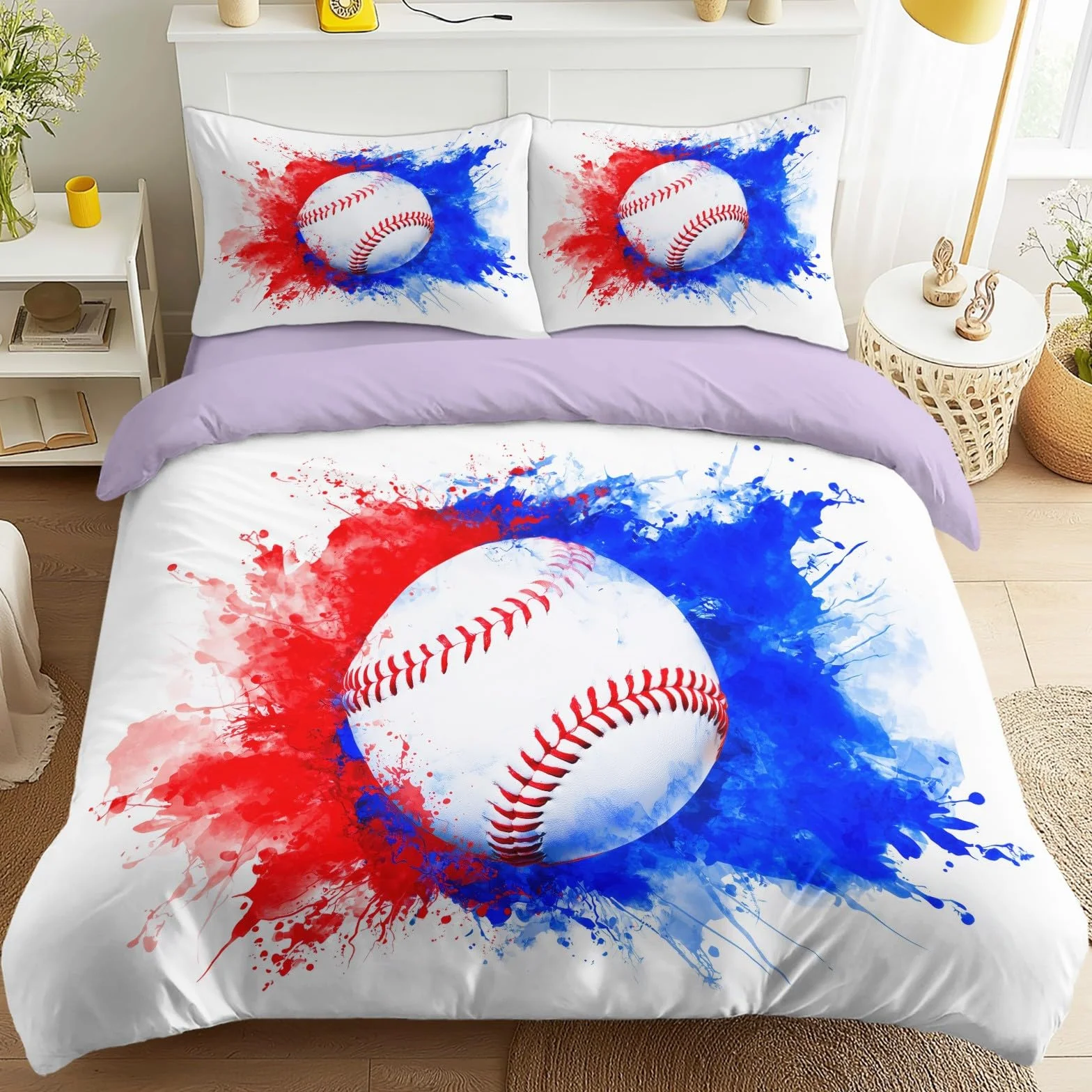 Sport Energie 4-częściowy kompletny zestaw pościeli, kolor fioletowy, 200 x 200 cm – baseballu, odwracalna pościel z mikrofibry, prześcieradło z gumką i poszewki na poduszki, miękka poszwa na kołdrę