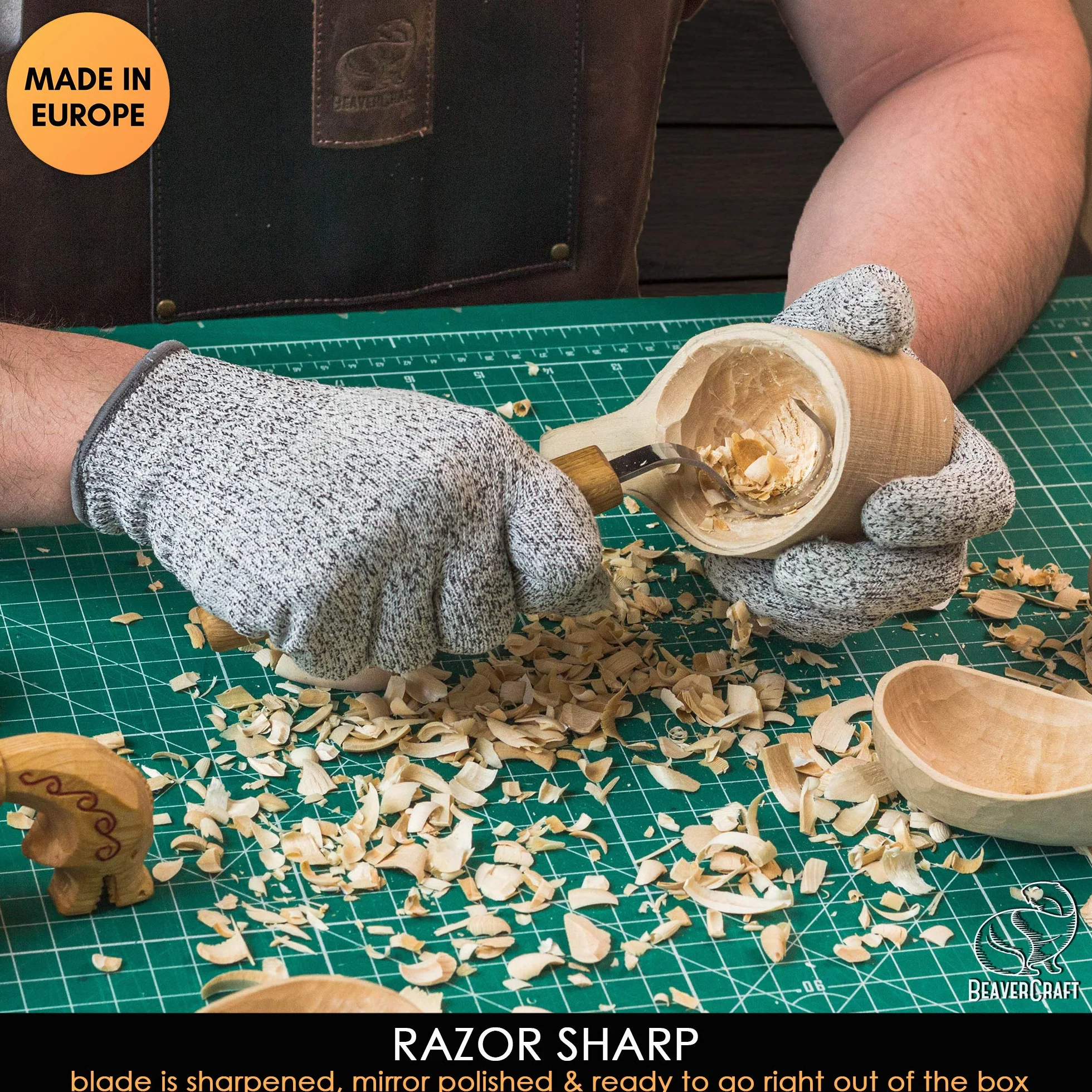 BeaverCraft Nóż z haczykiem SK2 dąb 3 cm ostrze łyżka do rzeźbienia w drewnie nóż do kubka miski, łyżki, rzeźbienia praworęcznego, zakrzywione narzędzia dla początkujących