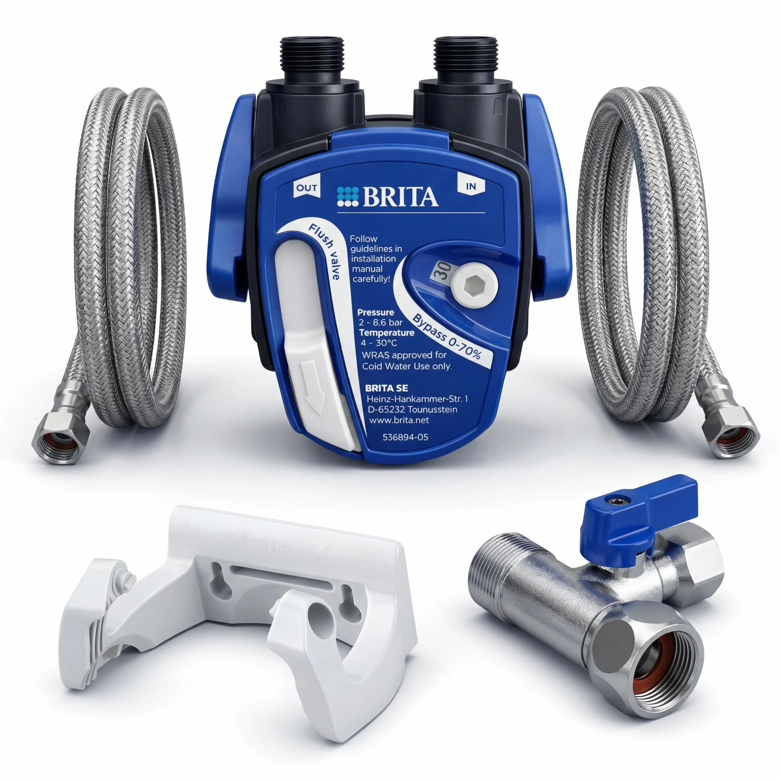 Filtr wody pod stołem: BRITA głowica filtra do filtra BRITA P1000 / P3000 / C300 / C500 w zestawie 2 x wąż elastyczny, adapter zaworu narożnego | brak wkładu filtrującego w zestawie