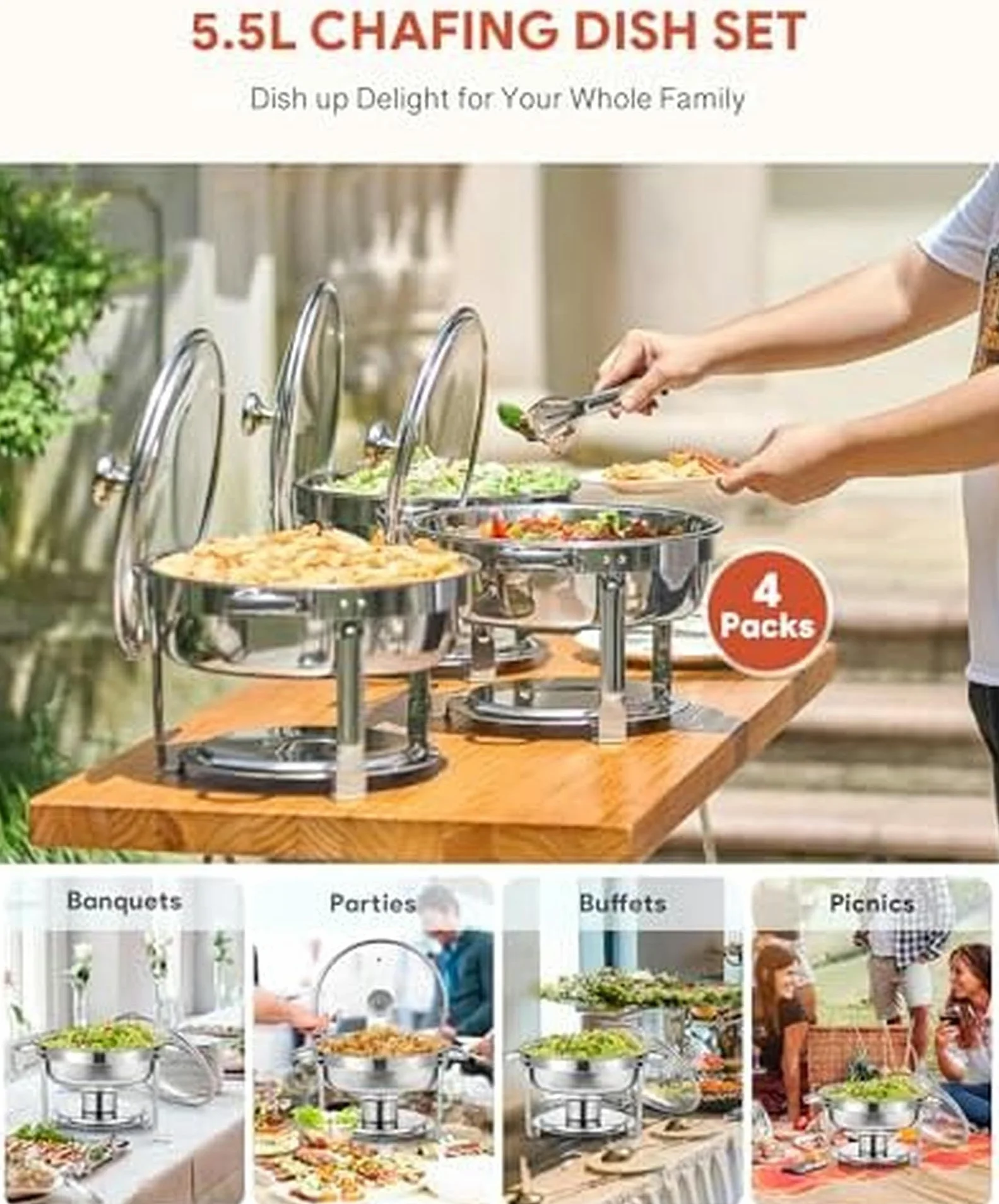 Zestaw 4 Okrągłych Naczyń Do Podgrzewania Potraw Ze Stali Nierdzewnej Z Pokrywkami, Pojemnikami Na Żywność I Pojemnikami Na Paliwo, 5-Litrowe Tace Bufetowe Do Cateringu Restauracyjnego I Imprez. 5,5