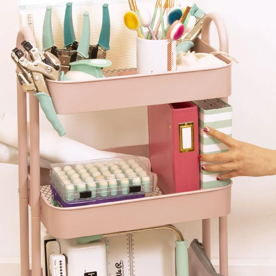 Craftelier Metalowy wózek organizacyjny z 3 tacami różowy 4 kółka obrotowe 360° z hamulcami 78 x 40 cm