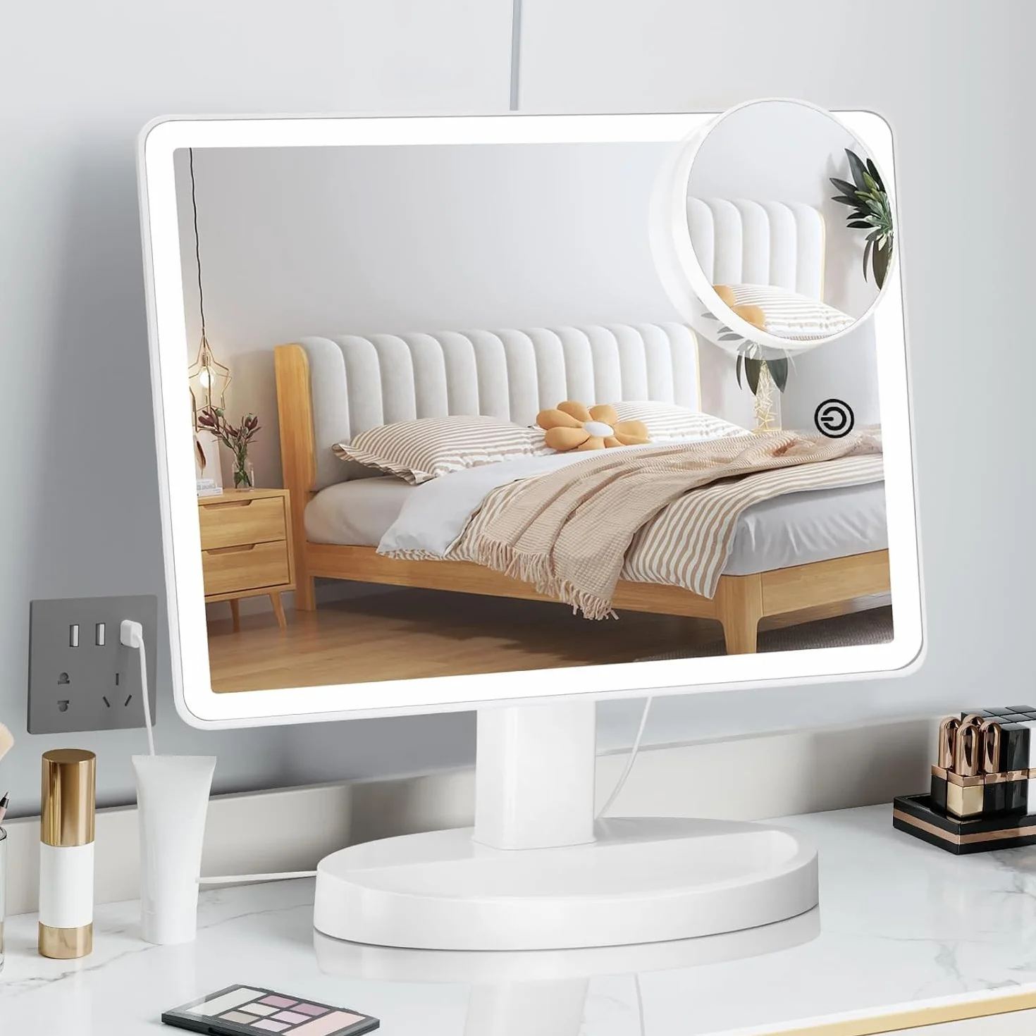 FUNTOUCH Duże podświetlane lustro kosmetyczne do makijażu ze światłem (model X-Large) – 3-kolorowe oświetlenie z 88 diodami LED, obrót 360°, sterowanie dotykowe, powiększenie 10x, przenośne stołowe