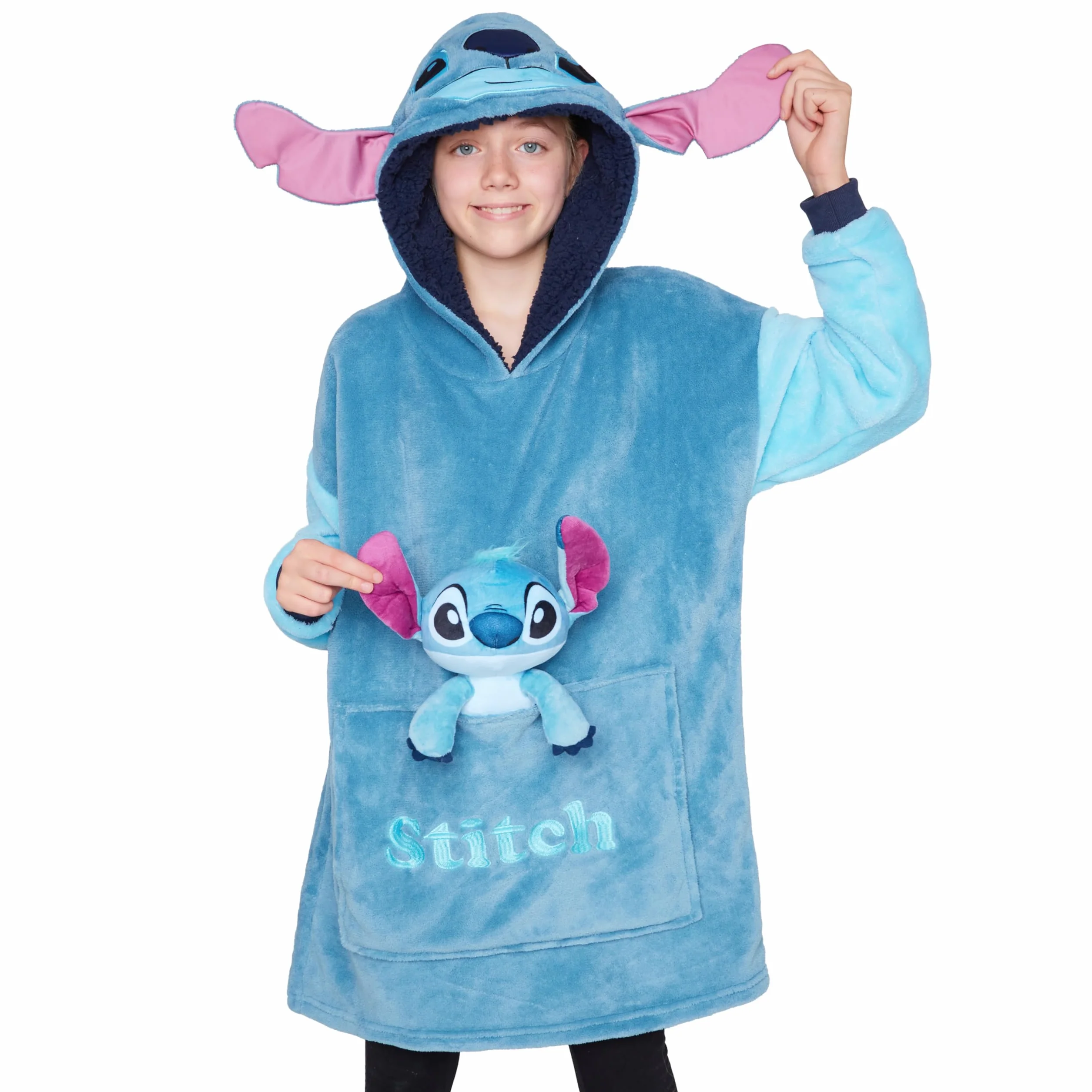 Disney Stitch polarowy koc z kapturem z pluszową zabawką dla dzieci, nastolatków, Kłapouchy Anioł Myszka Minnie, dziecięca bluza z kapturem oversize