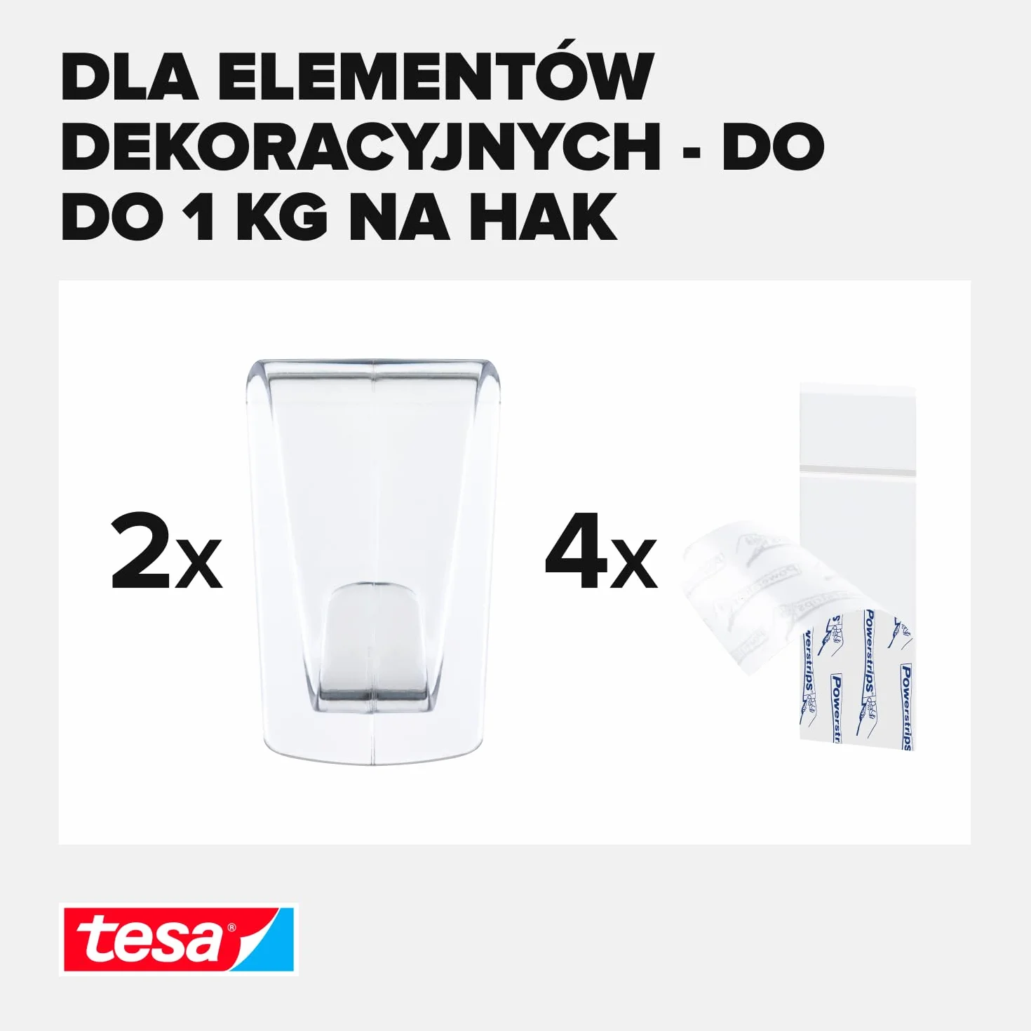 Tesa Haczyki Samoprzylepne, do 1 kg mocy na haczyk, 2 sztuki, Przezroczysty